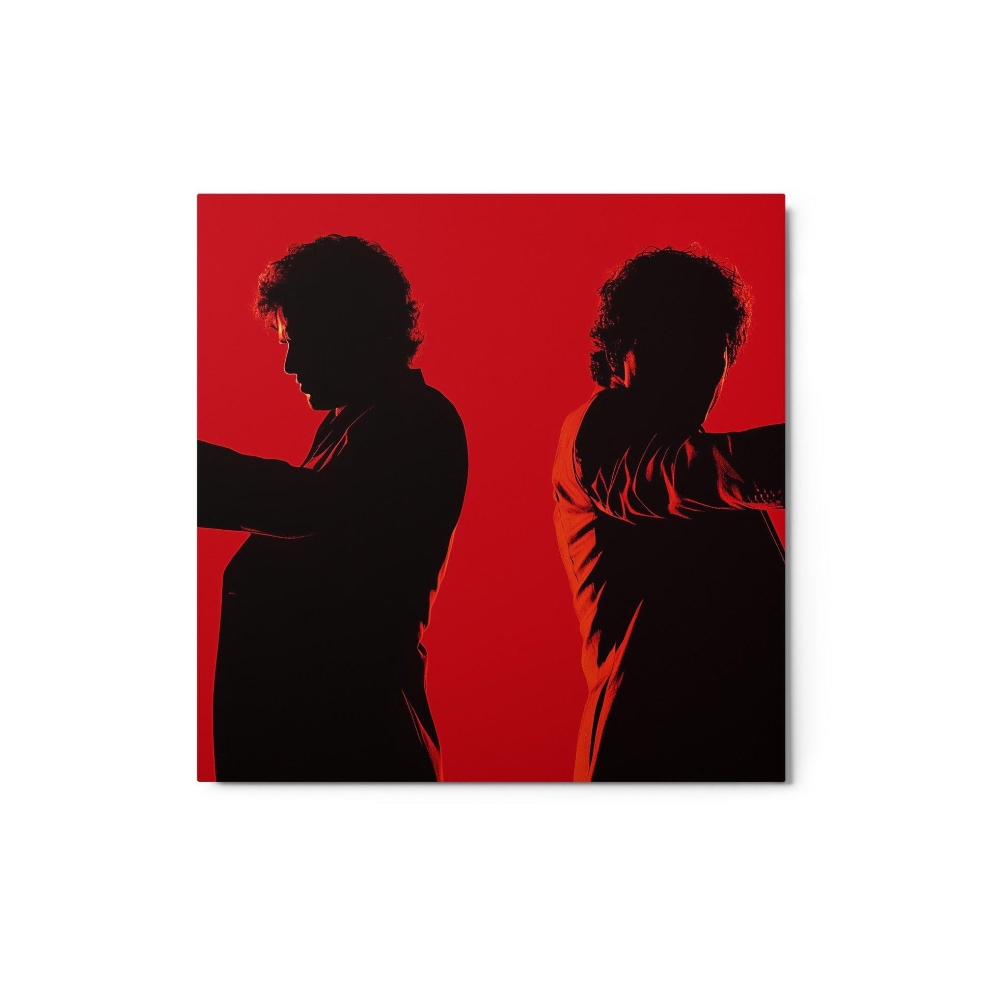 Dual Gunmen Silhouettes on Red Background Cinematic Noir Style Metal Poster - Oh Posters