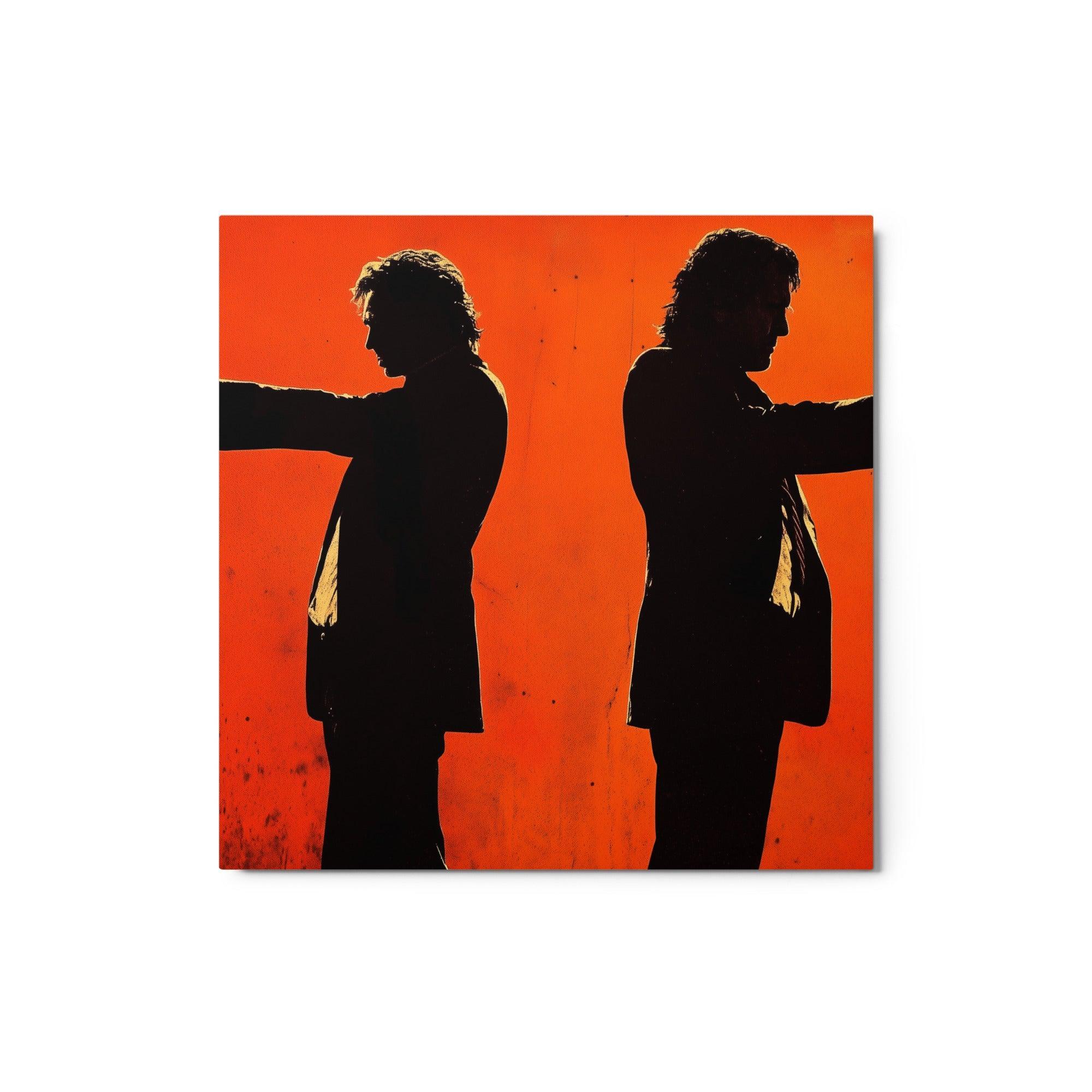 Opposing Mafia Figures Silhouetted on Bright Red Tense Showdown Art Metal Poster - Oh Posters