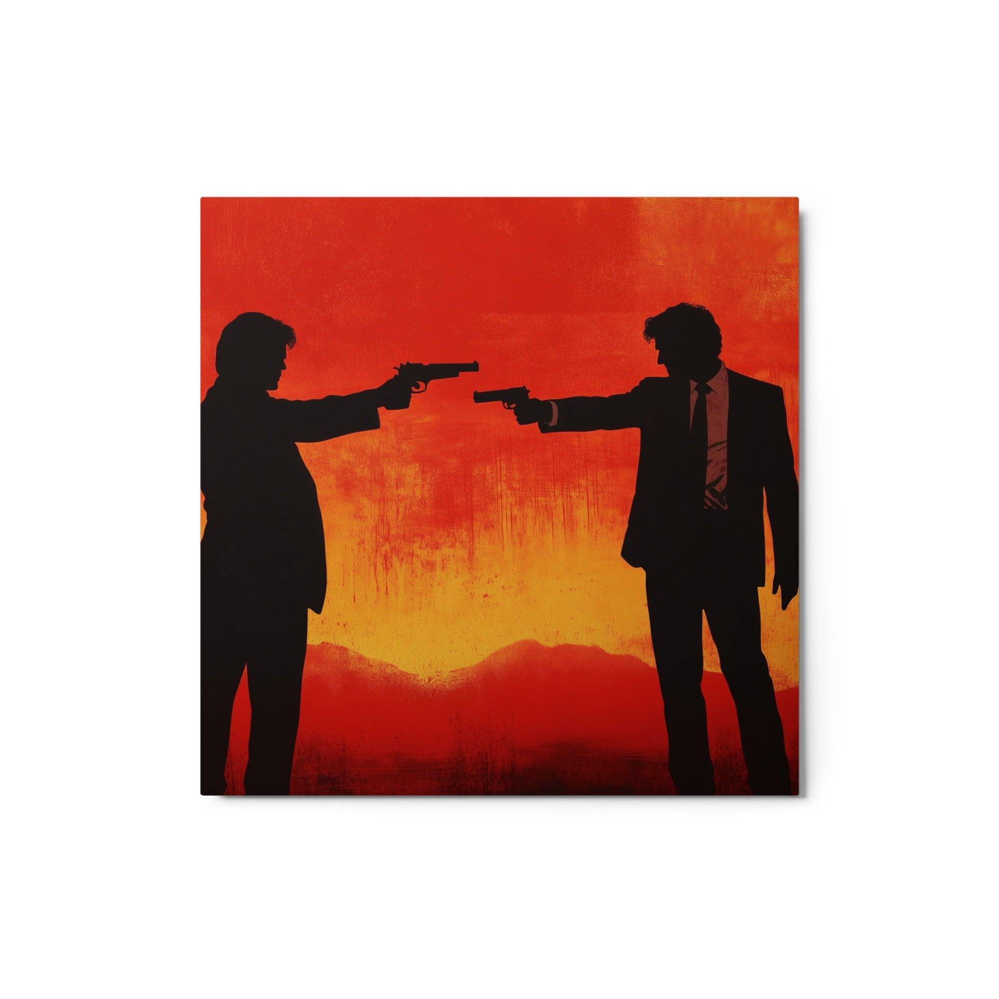 Mafia Gunfight Silhouettes Dramatic Orange-Red Scene Illustration Metal Poster - Oh Posters