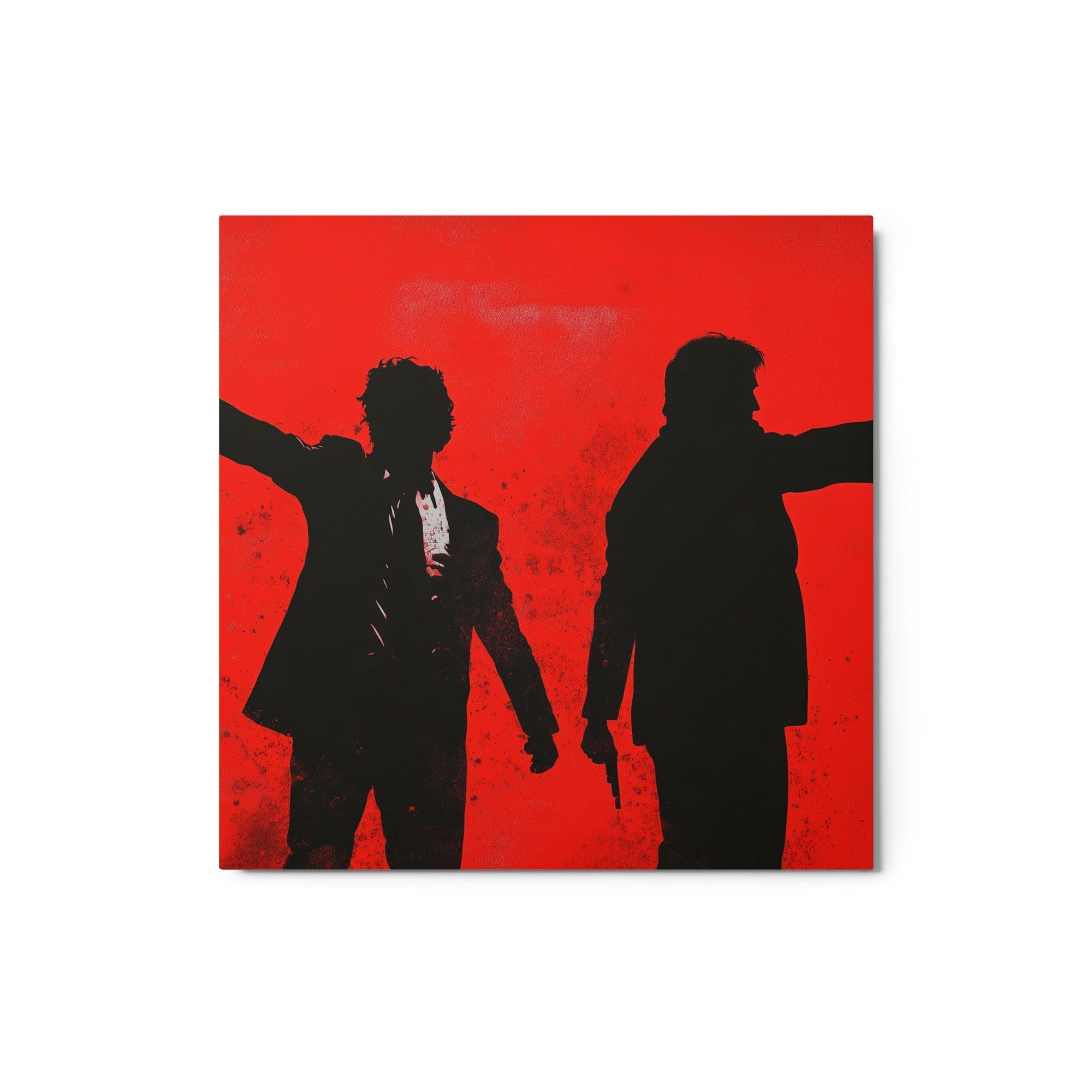 Confrontation Silhouettes in Red Vibrant Noir Crime Artwork Metal Poster - Oh Posters