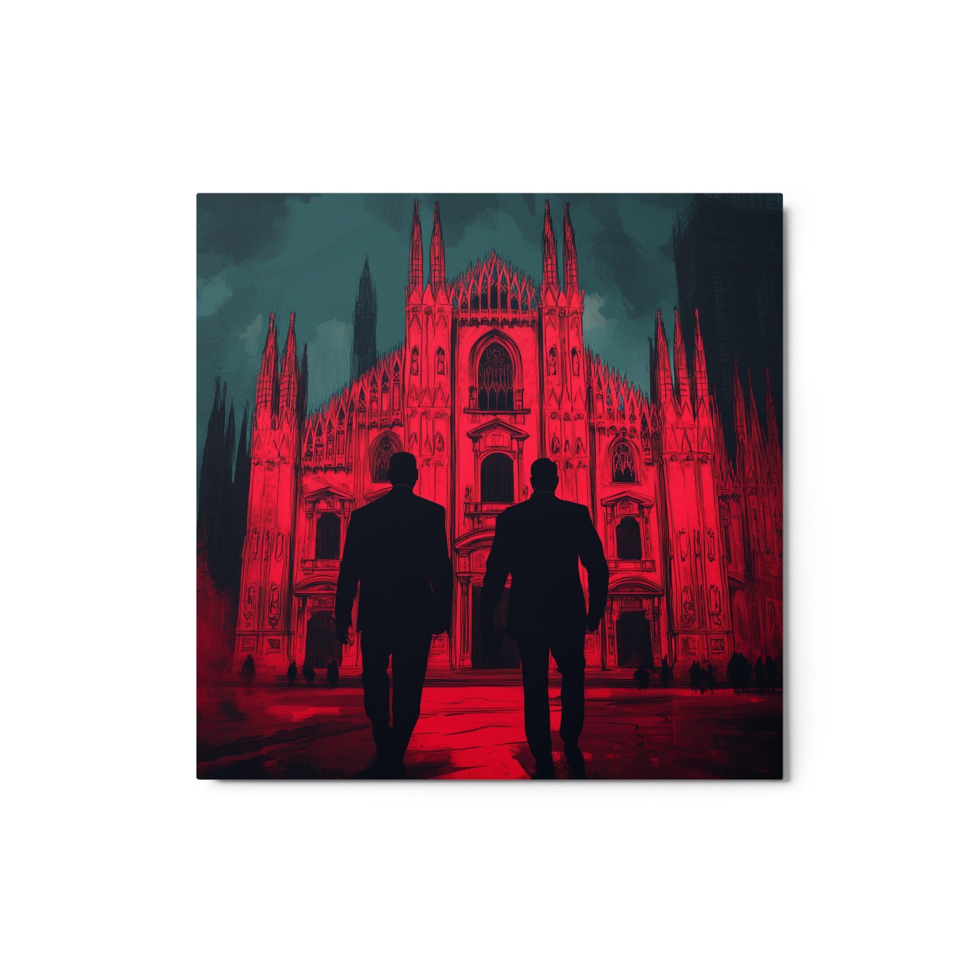 Mafia Figures Walking Towards Illuminated Cathedral Dramatic Red Art Metal Poster - Oh Posters