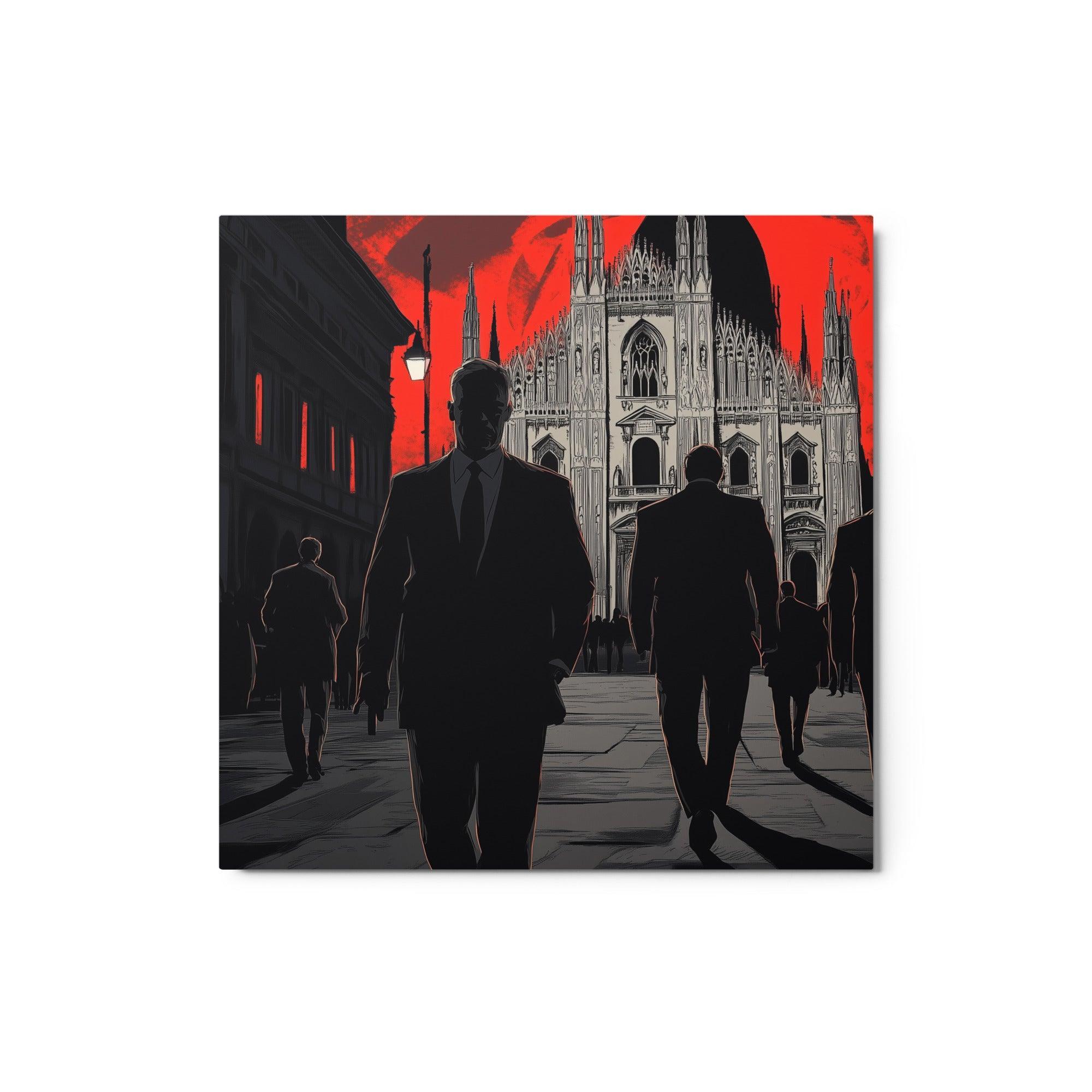 Mobsters Approaching Cathedral Against Red Sky Dark Urban Scene Metal Poster - Oh Posters