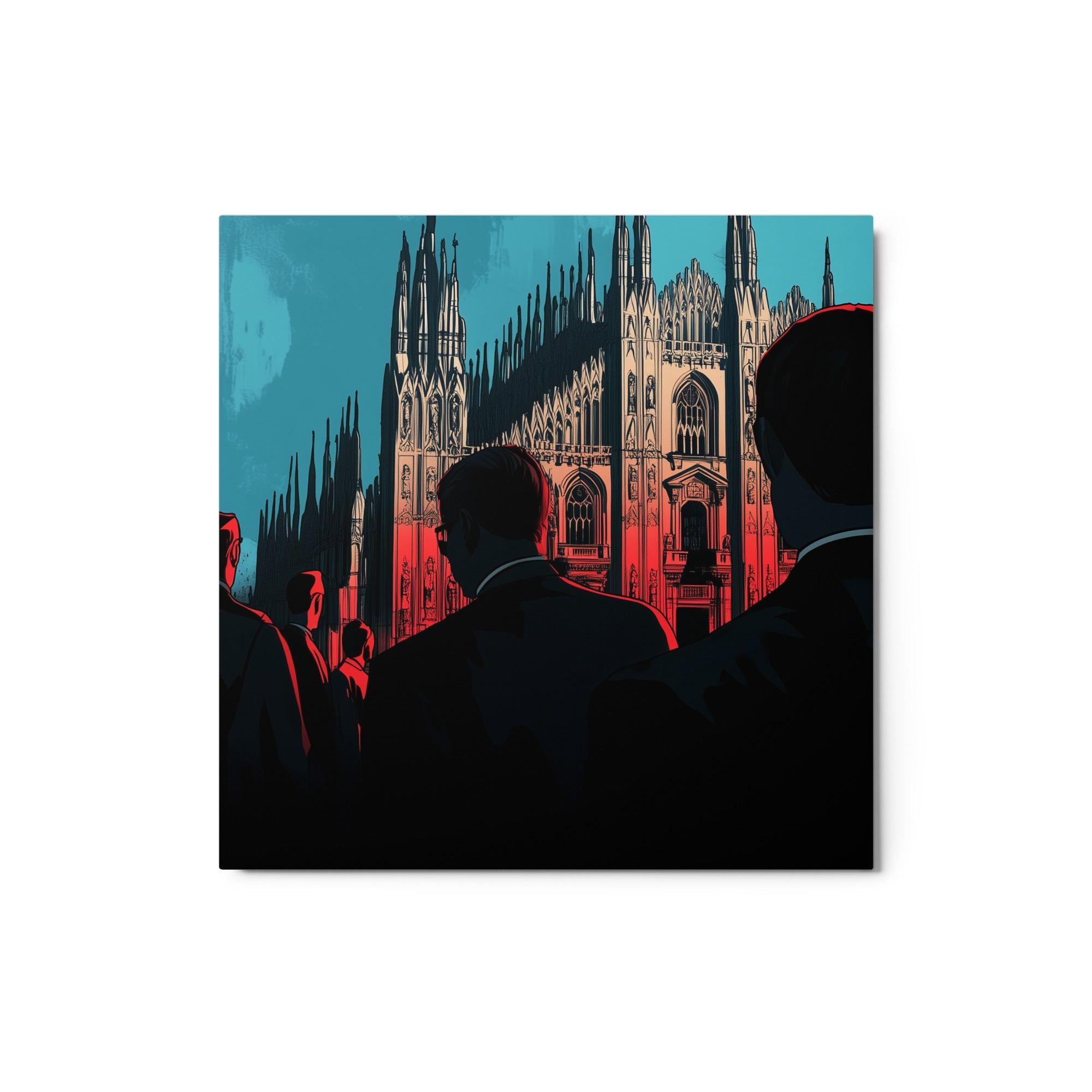 Mafia Men Observing Gothic Cathedral Noir Red and Blue Art Style Metal Poster - Oh Posters