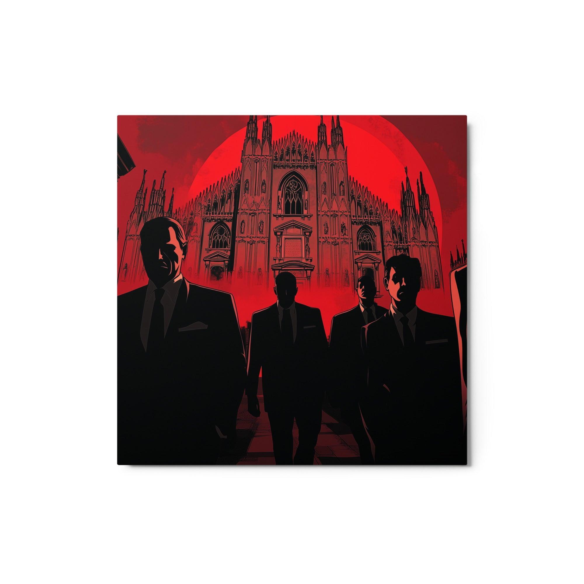 Mafia Men in Suits Walking Toward Cathedral Under Red Sky Noir Art Metal Poster - Oh Posters