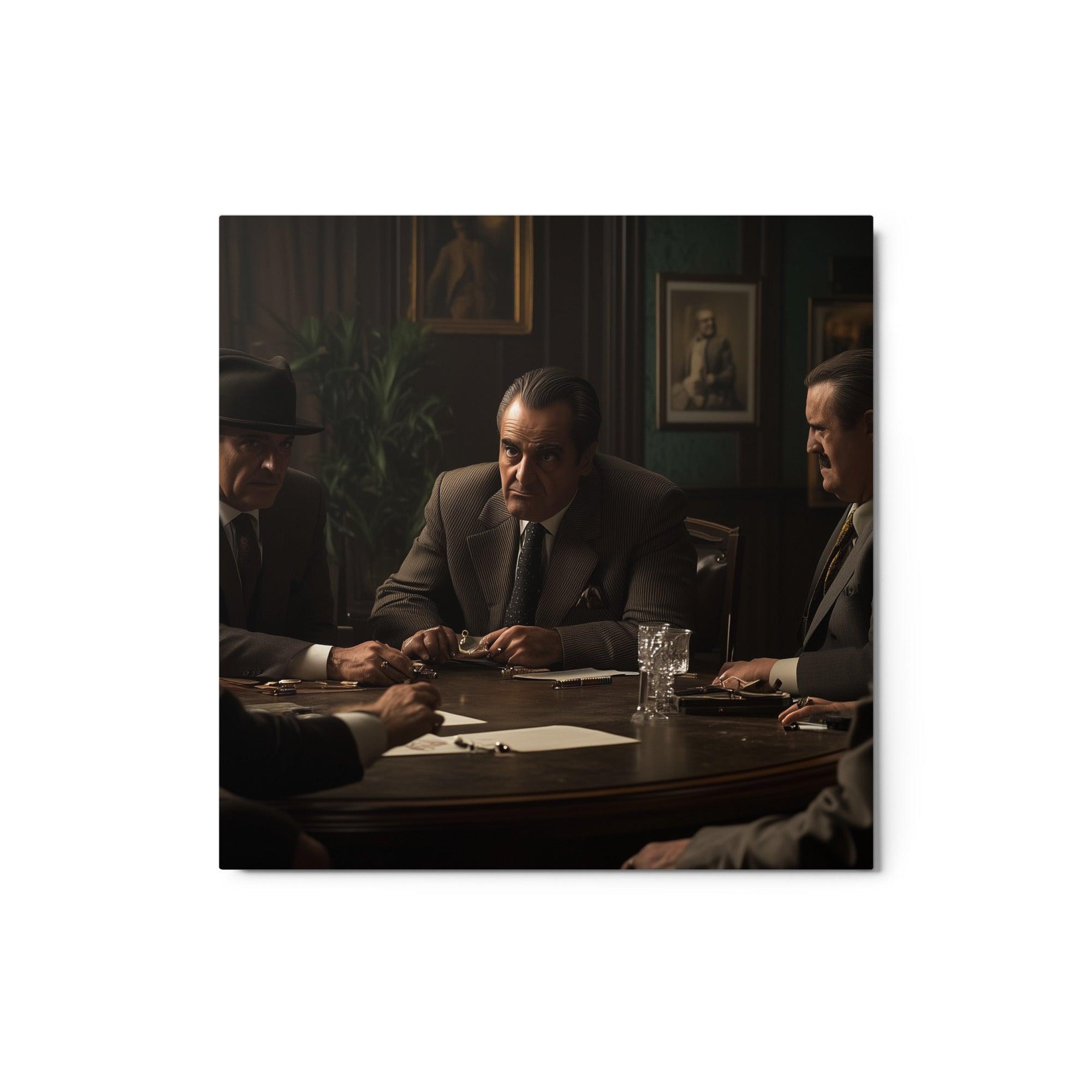 Mob Bosses in Dimly Lit Room Intense Negotiation Scene Artwork Metal Poster - Oh Posters