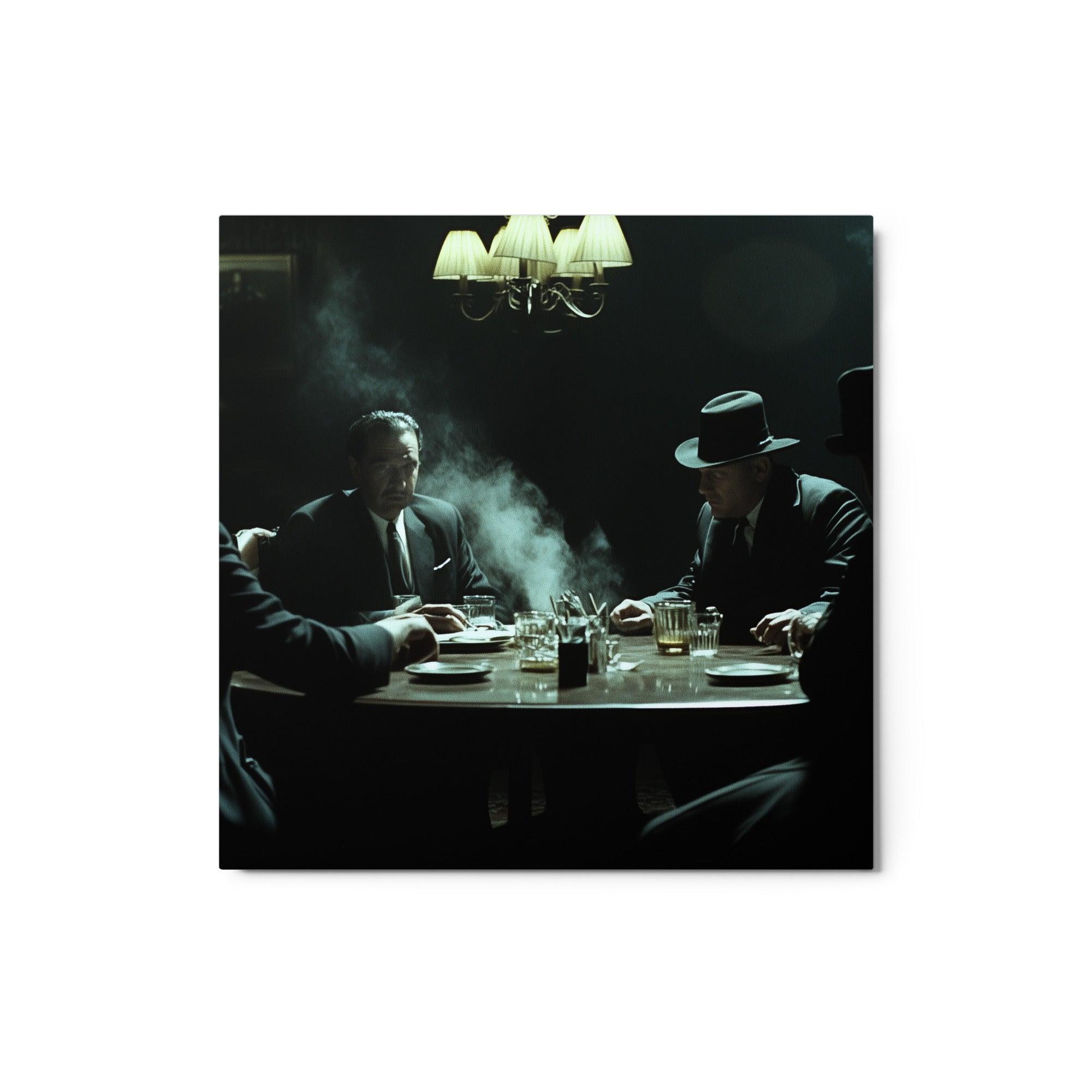 Gangsters at Table Under Lamp Dramatic Smoky Noir Mafia Setting Metal Poster - Oh Posters