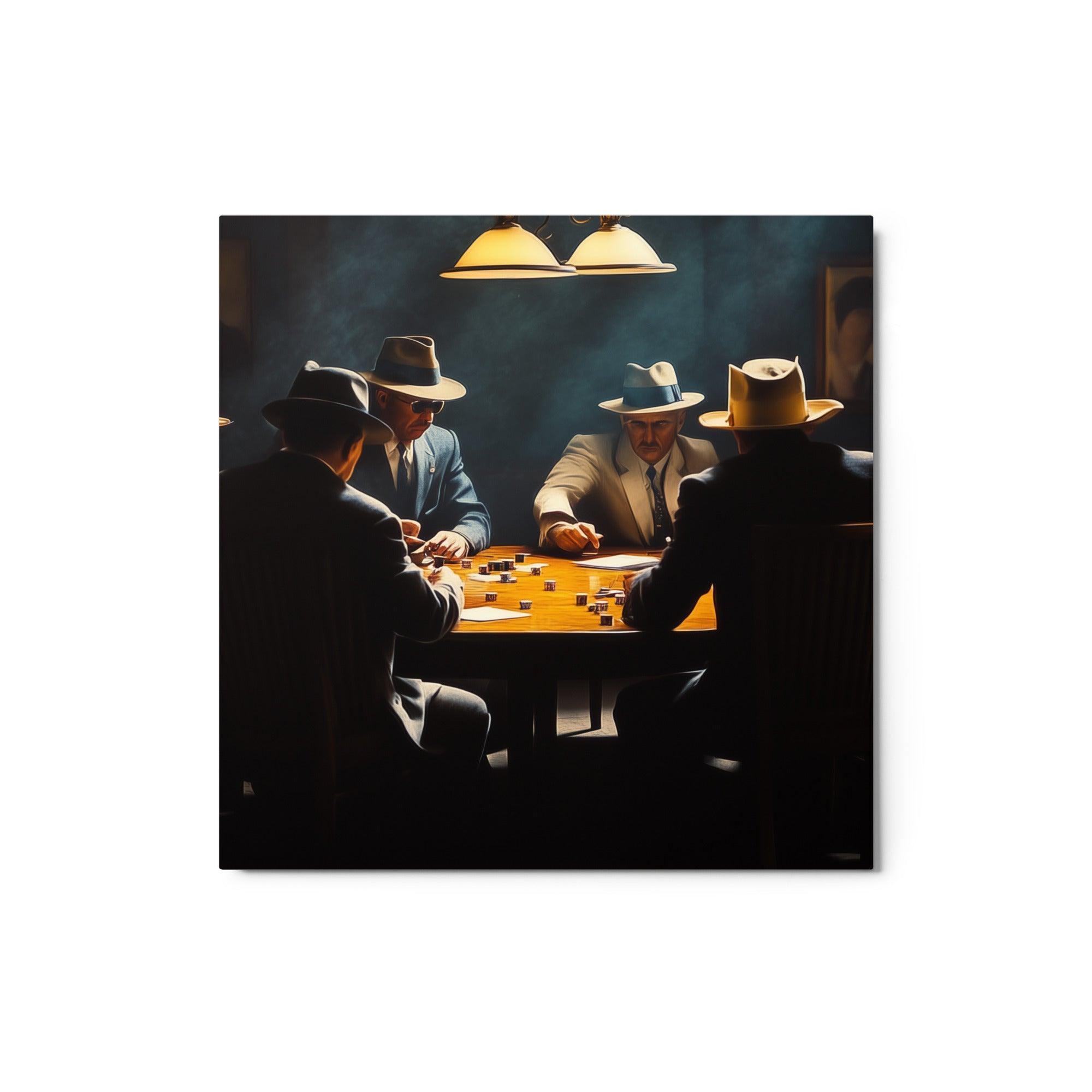 Mafia Members in Fedoras Playing Poker Tense Crime Scene Artwork Metal Poster - Oh Posters