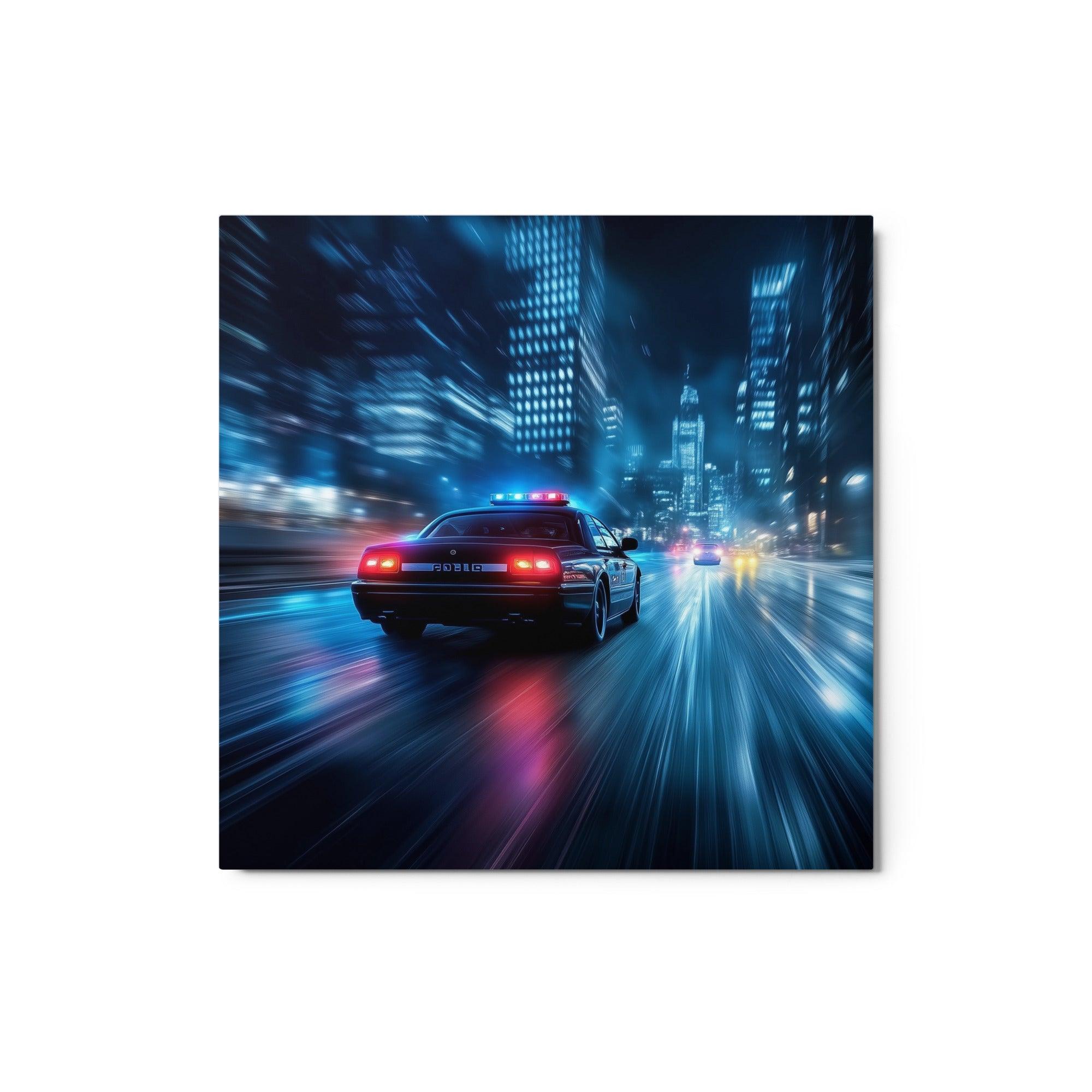 High-Speed Police Car Chase Night City Neon Lights Dynamic Art Metal Poster - Oh Posters