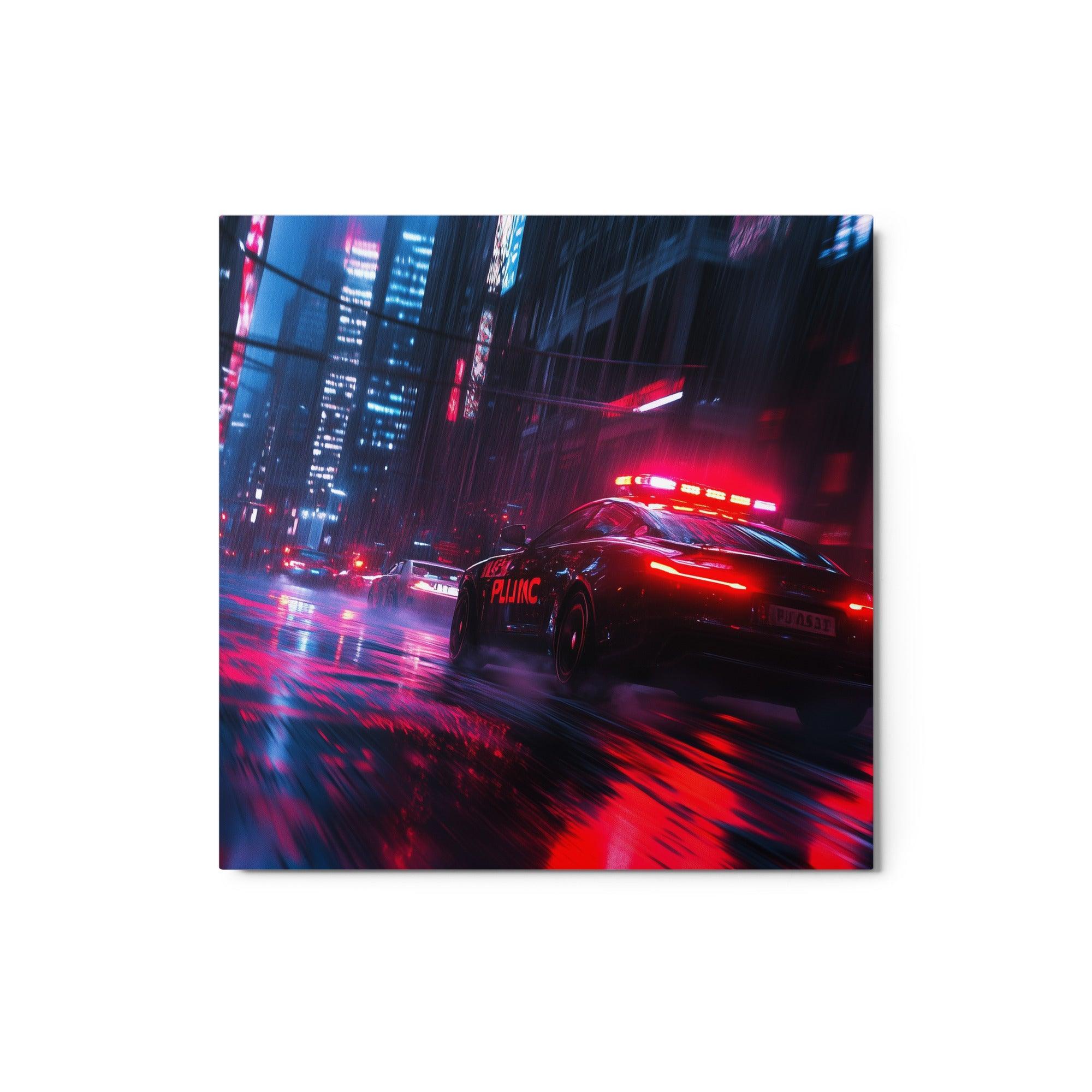 Futuristic Police Car Pursuit Rainy Cyberpunk City Red and Blue Lights Metal Poster - Oh Posters