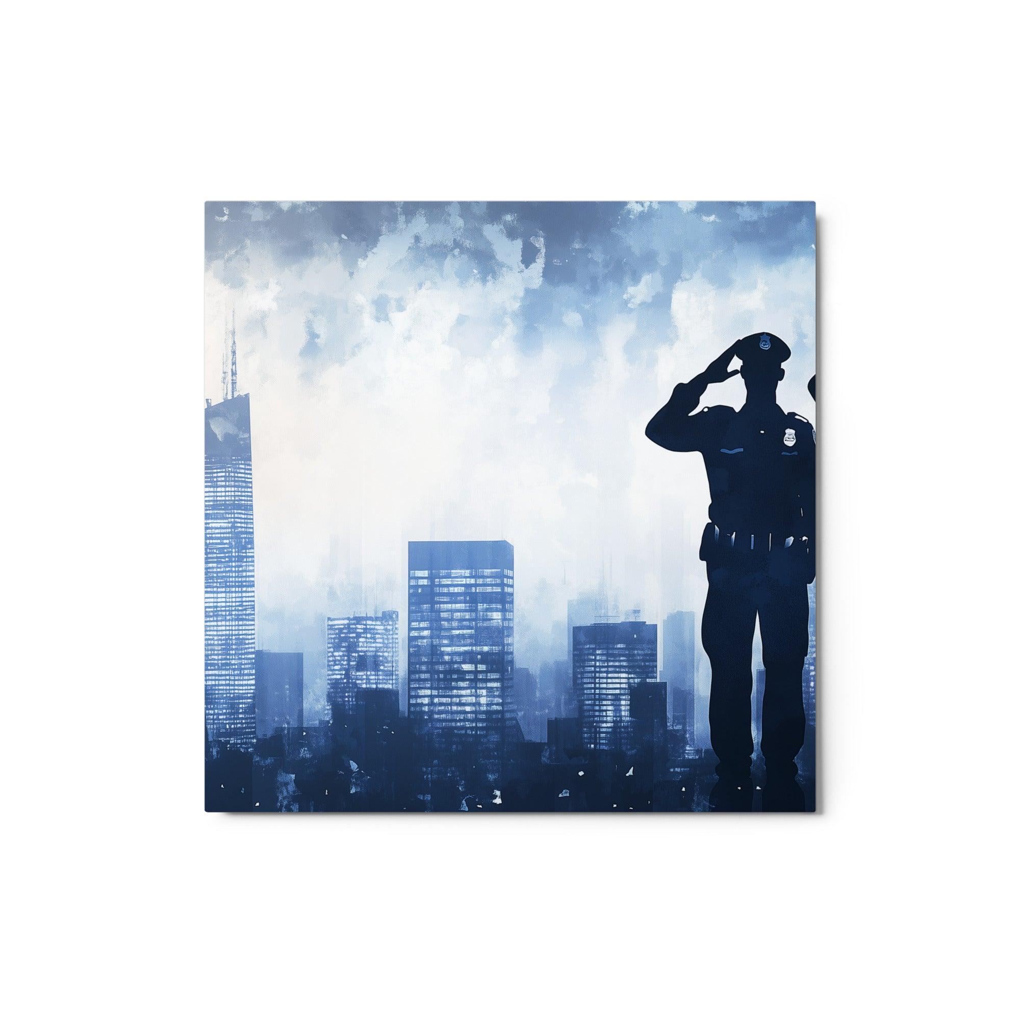 Police Officers Saluting Silhouette Against Blue City Skyline Watercolor Style Metal Poster - Oh Posters