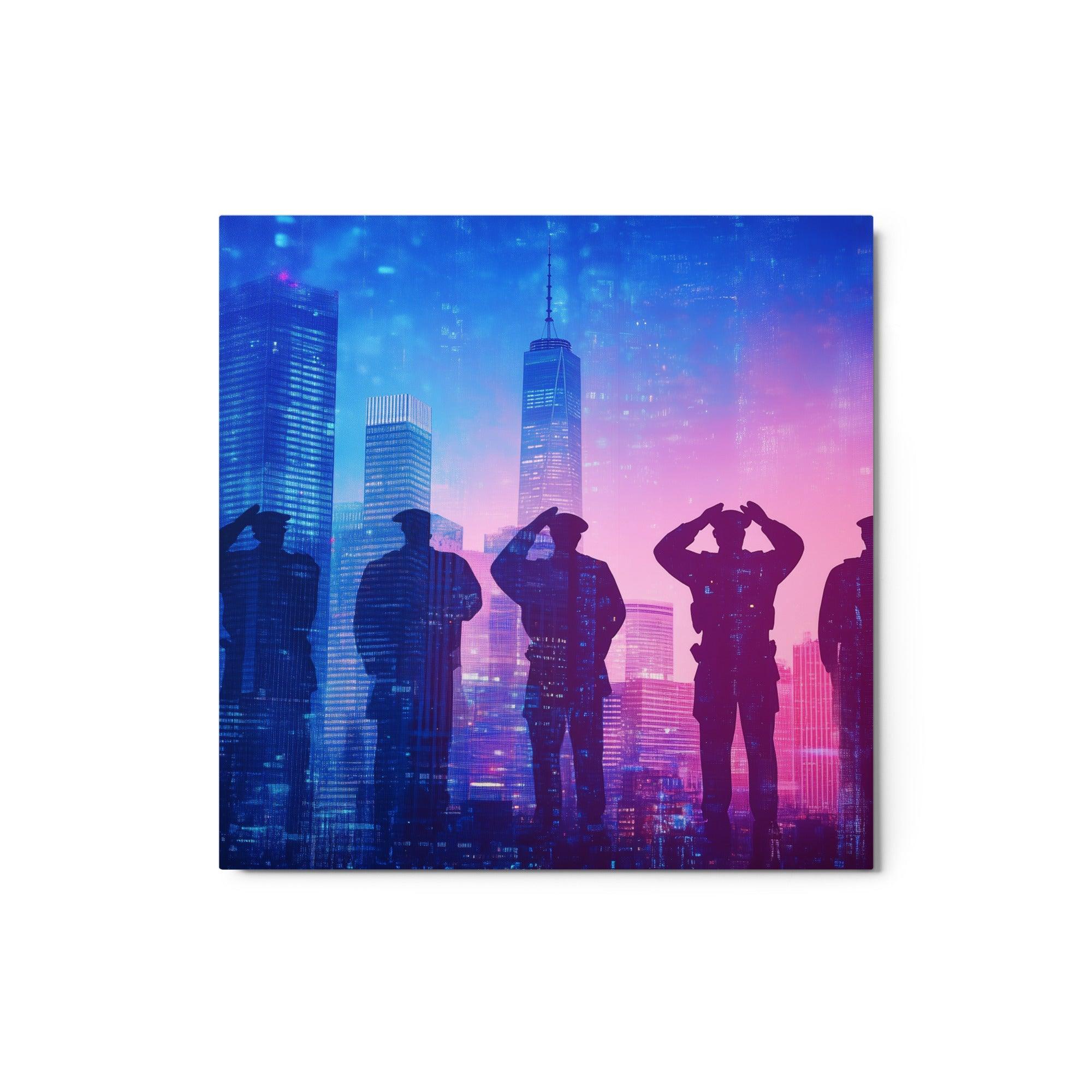 Group of Police Officers Saluting Vibrant Neon City Skyline Background Metal Poster - Oh Posters