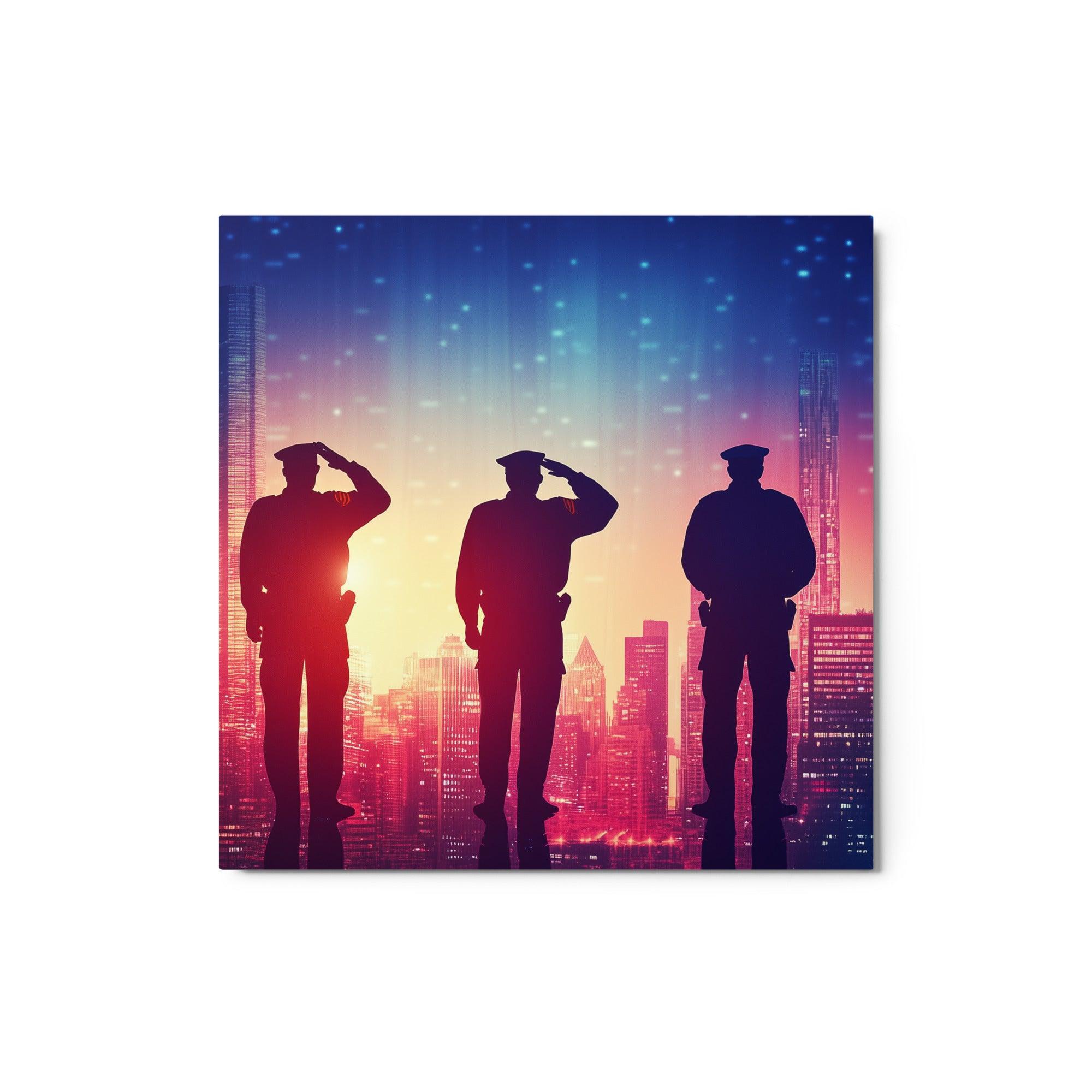 Police Officers Saluting City Sunset Gradient Skyline Silhouette Artwork Metal Poster - Oh Posters