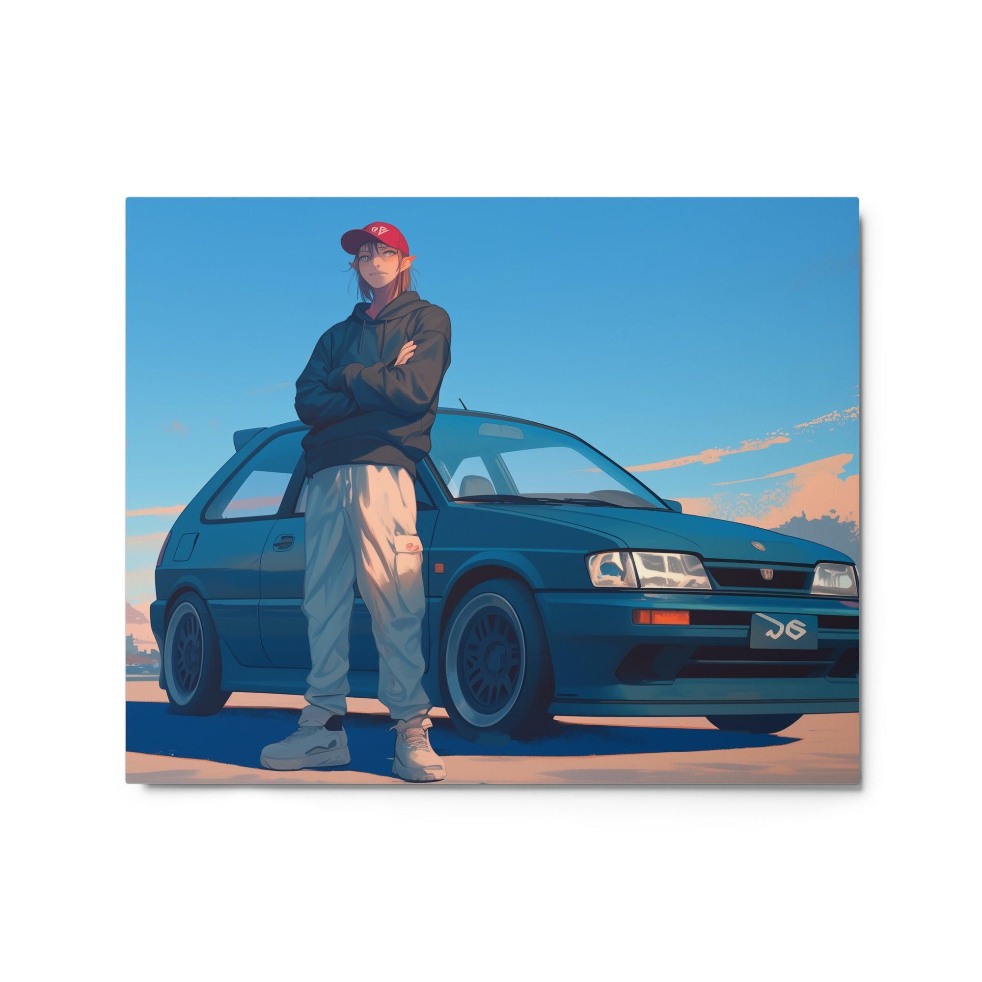 JDM Hatchback with Driver at Sunset Digital Illustration Metal Poster - Oh Posters