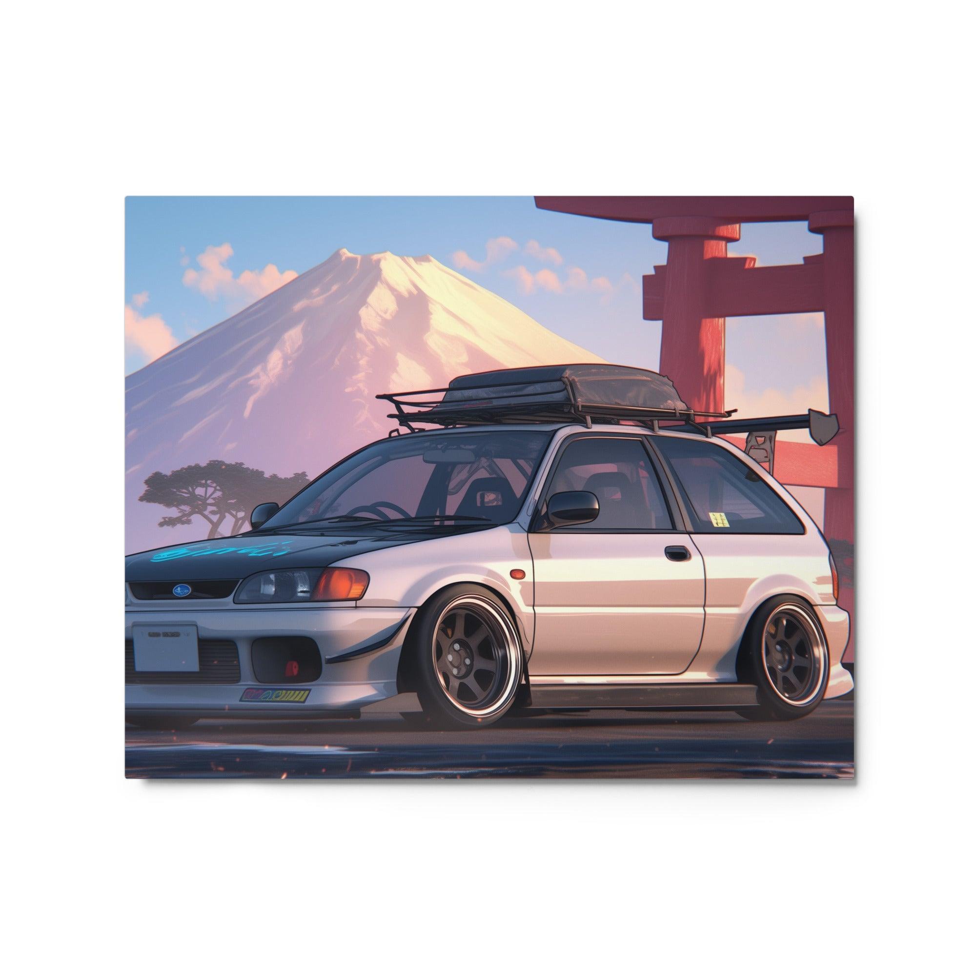 JDM Hatchback at Mount Fuji Scenic Digital Art Metal Poster - Oh Posters