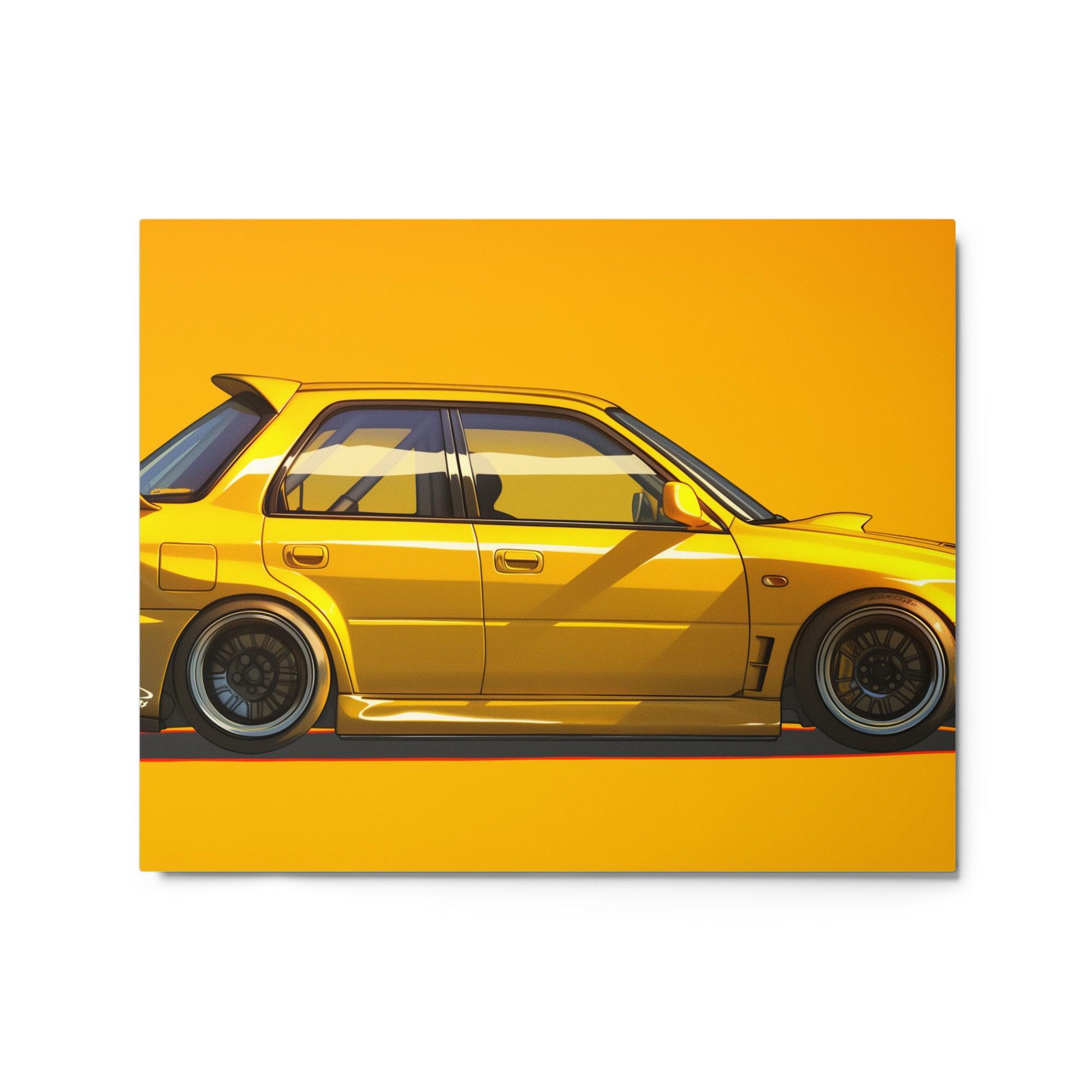 Yellow JDM Hatchback with Racing Spoiler Side Profile Art Metal Poster - Oh Posters