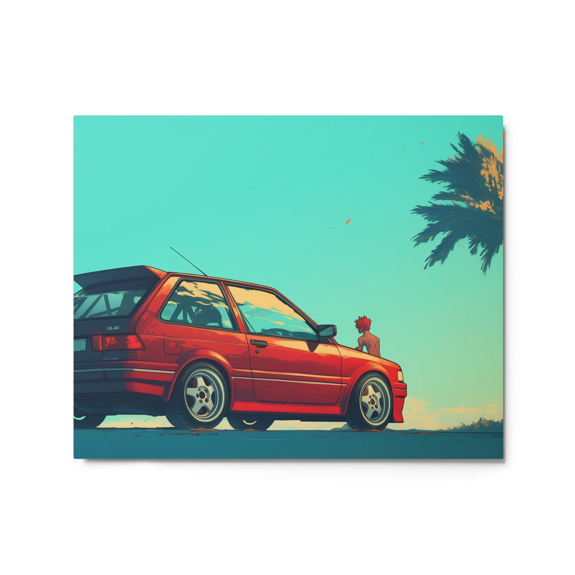 Red JDM Hatchback with Palms in Retro Beach Scene Digital Art Metal Poster - Oh Posters