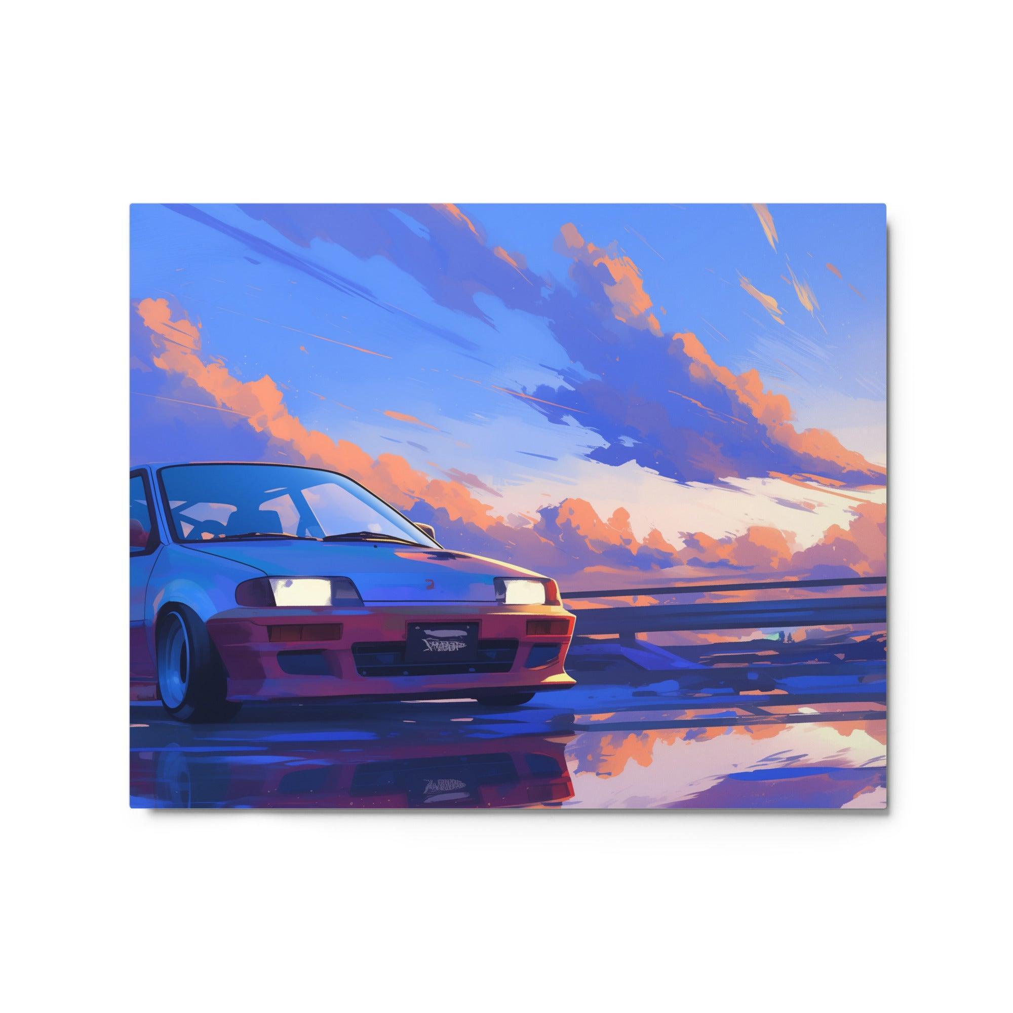 Retro 90s JDM Hatchback Sunset Scene Digital Art Metal Poster - Oh Posters