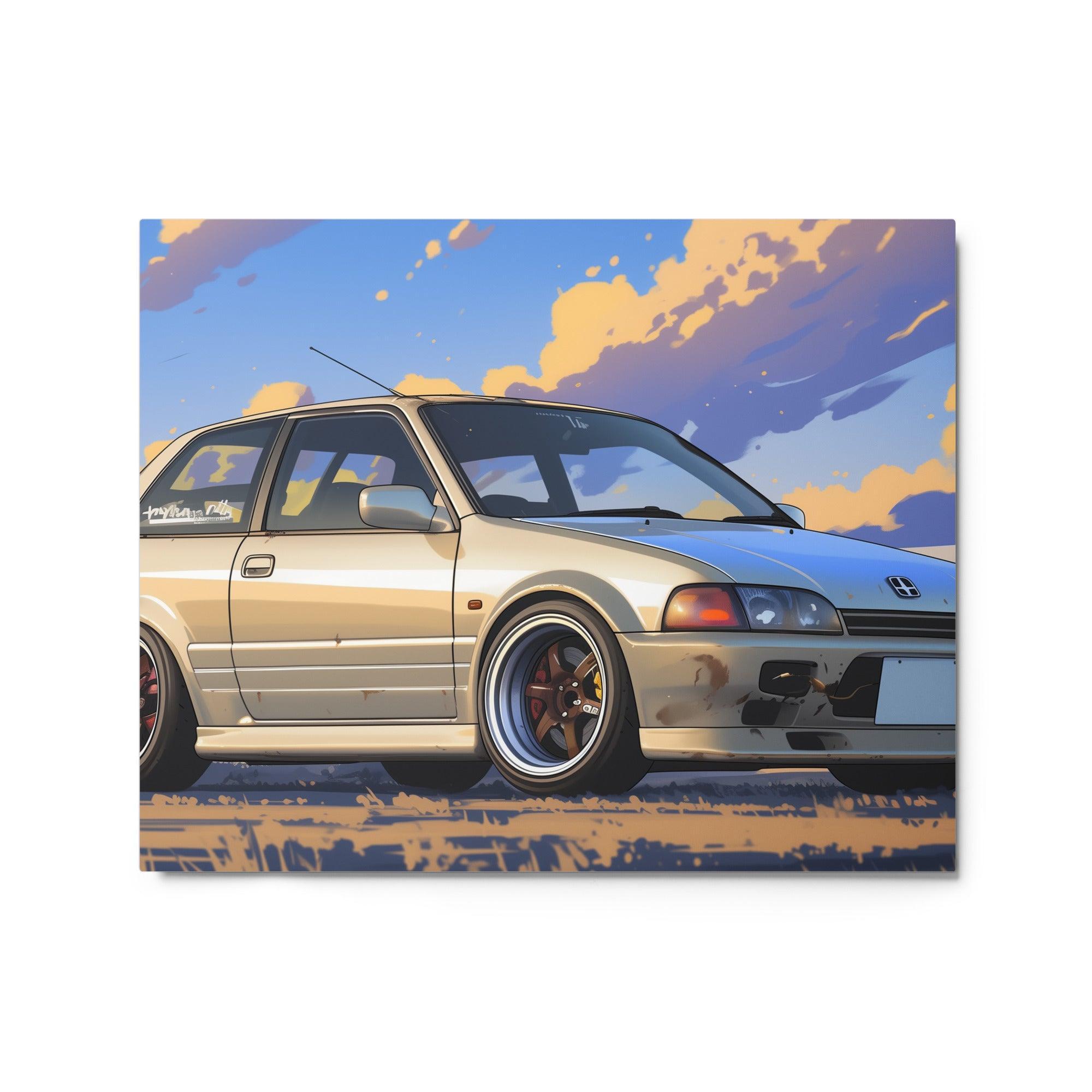 Custom JDM 90s Hatchback in Scenic Evening Digital Illustration Metal Poster - Oh Posters