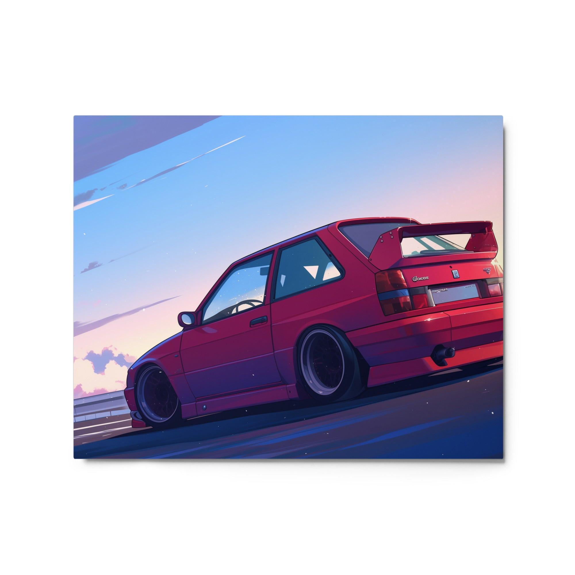 Red JDM 90s Hatchback at Sunset Highway Digital Artwork Metal Poster - Oh Posters