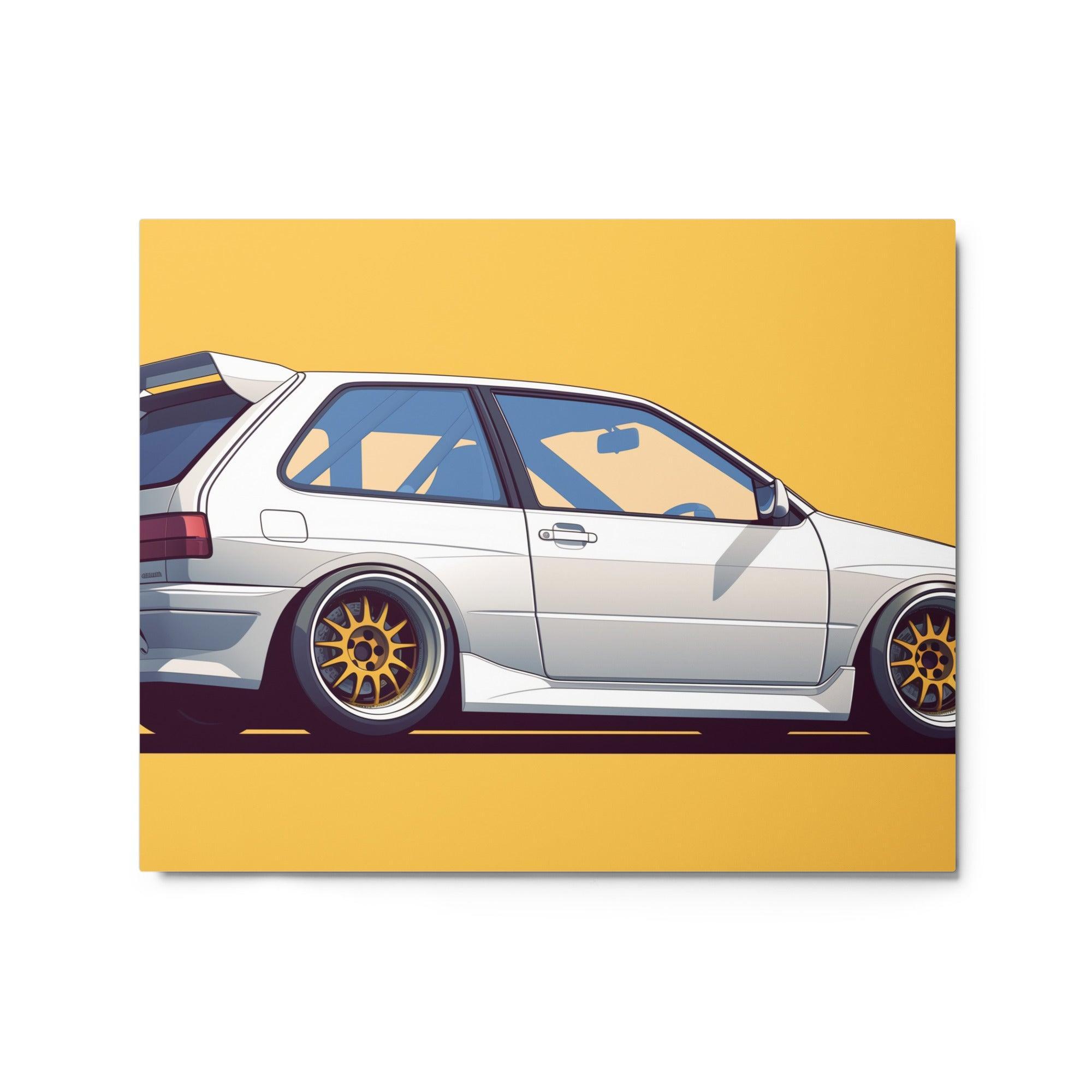 White JDM 90s Hatchback with Gold Wheels Minimalist Side Profile Metal Poster - Oh Posters