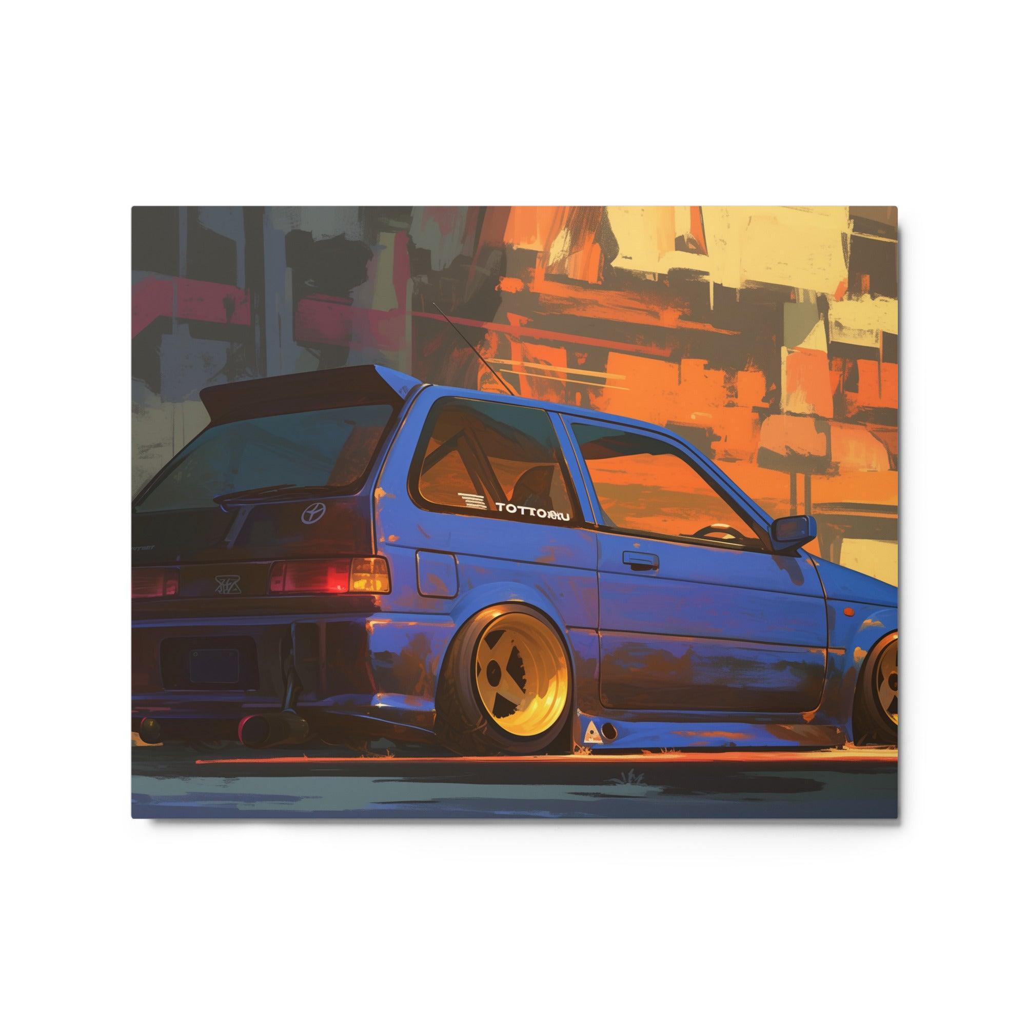 Urban JDM 90s Hatchback with Blue Body and Gold Wheels Digital Art Metal Poster - Oh Posters