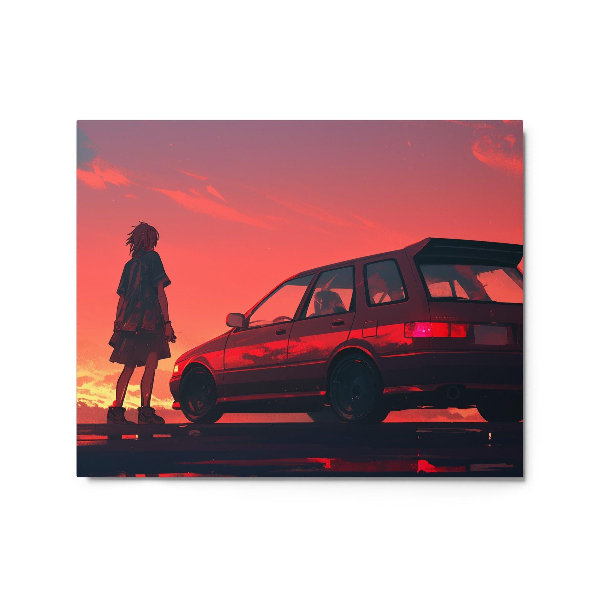 JDM 90s Hatchback Sunset Scene with Lone Figure Digital Art Metal Poster - Oh Posters