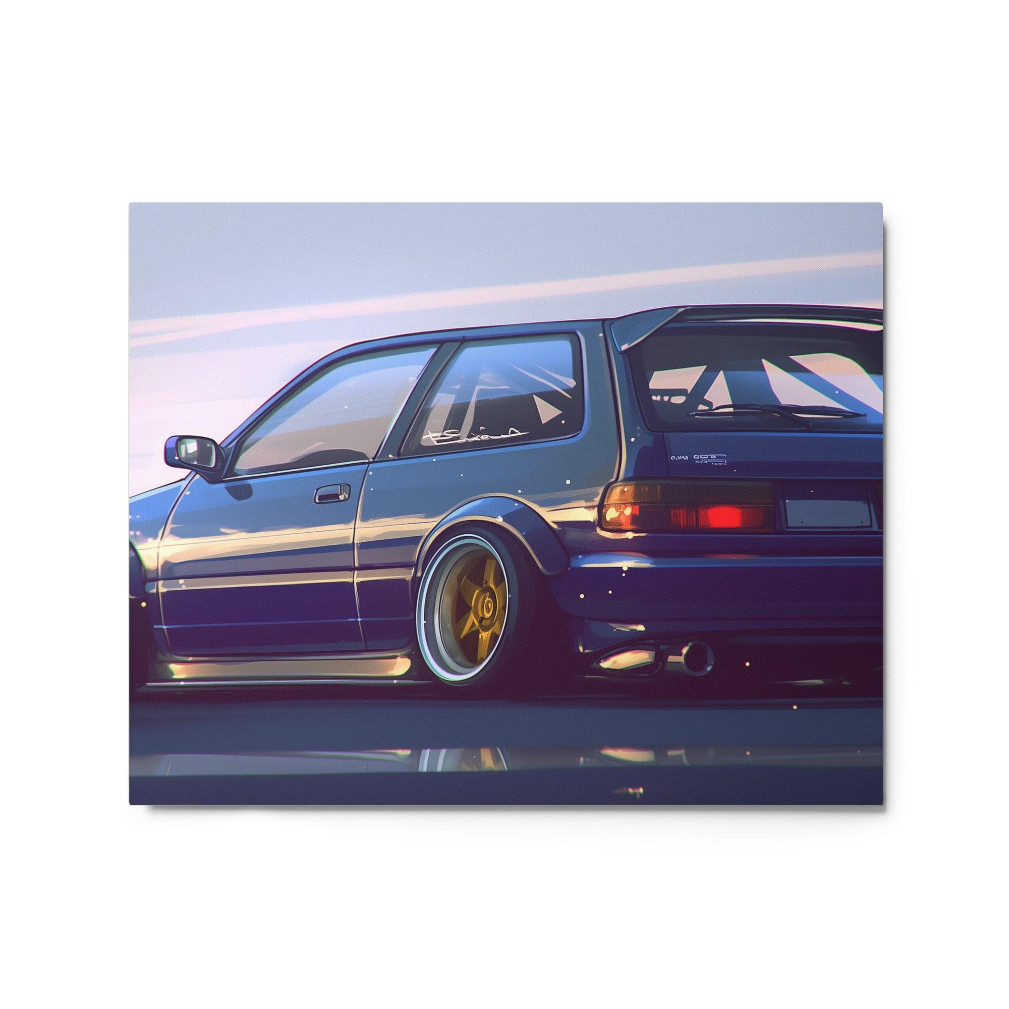 Sleek JDM 90s Hatchback with Gold Rims Sunset Illustration Metal Poster - Oh Posters