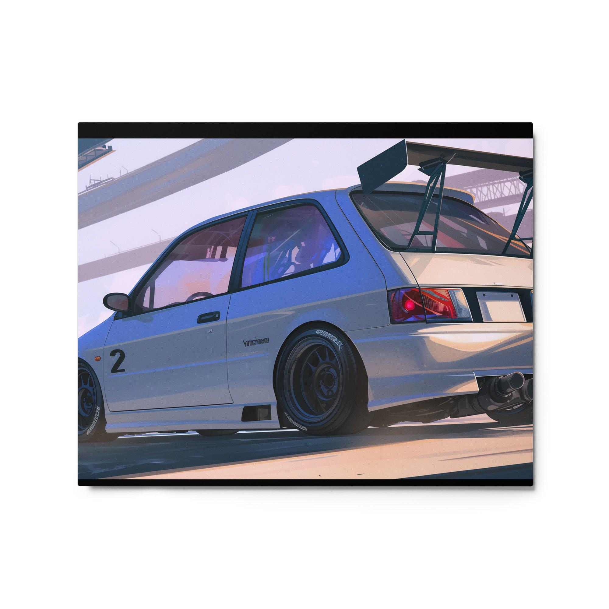 White JDM 90s Hatchback with Racing Spoiler Digital Art Metal Poster - Oh Posters