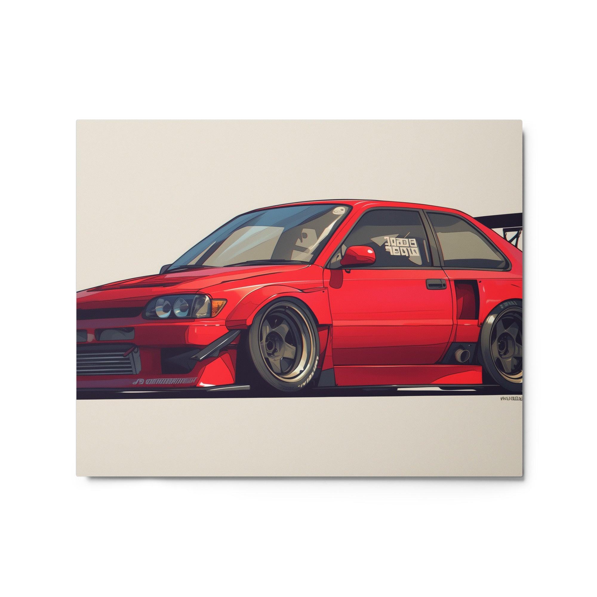 Red JDM 90s Hatchback with Wide Body Kit and Spoiler Digital Art Metal Poster - Oh Posters