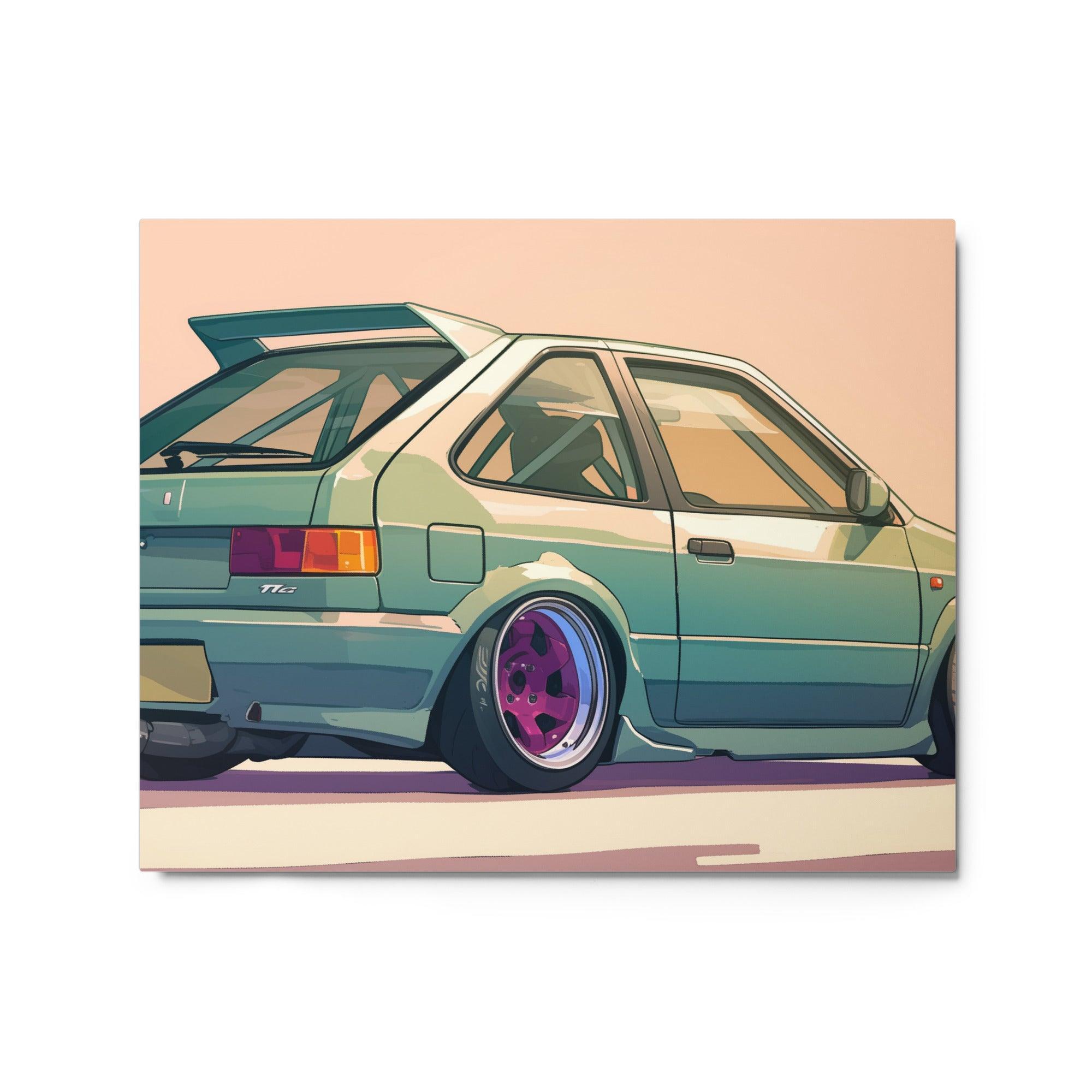 Green JDM 90s Hatchback Rear View with Purple Rims Digital Illustration Metal Poster - Oh Posters