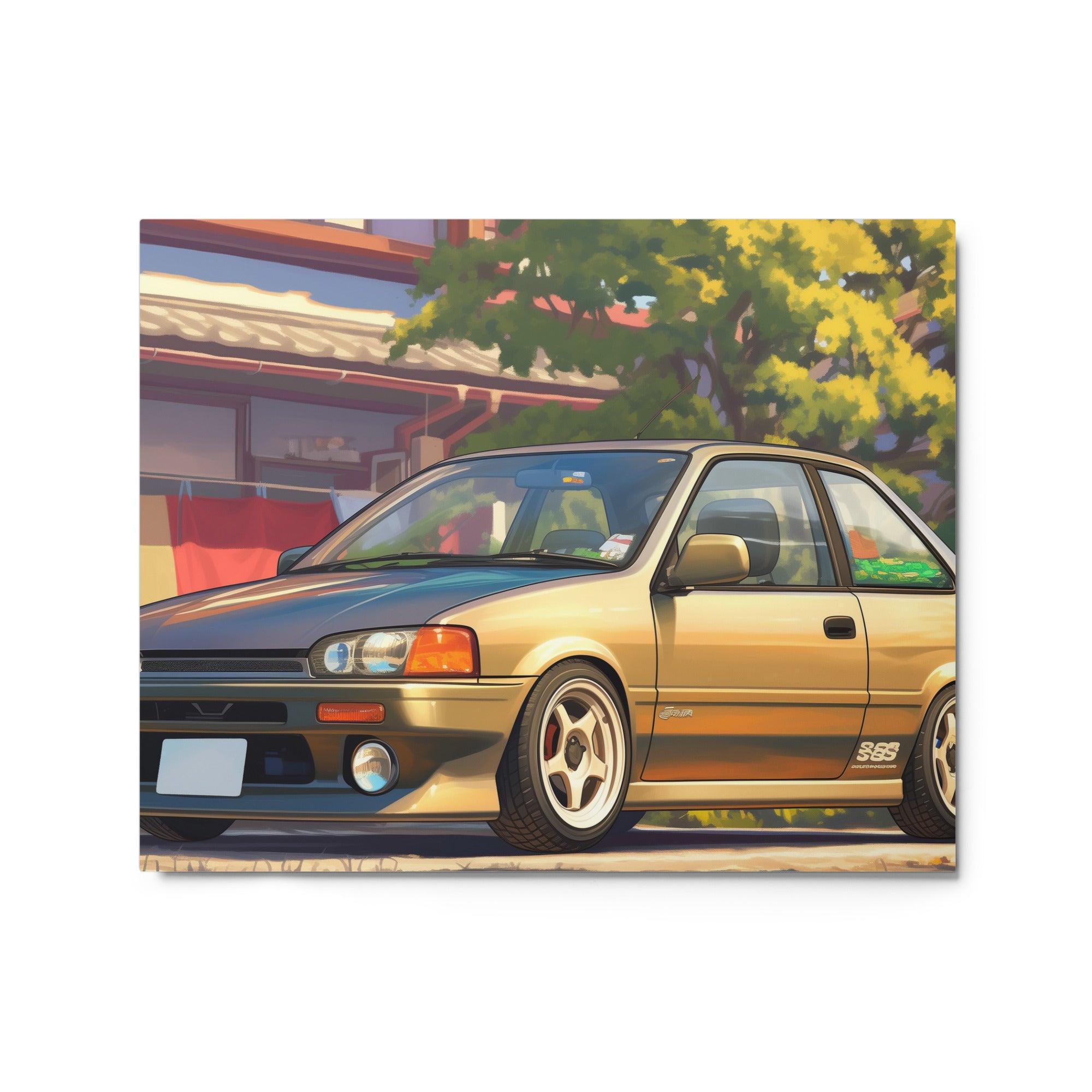 Classic JDM 90s Hatchback in Traditional Street Scene Digital Art Metal Poster - Oh Posters