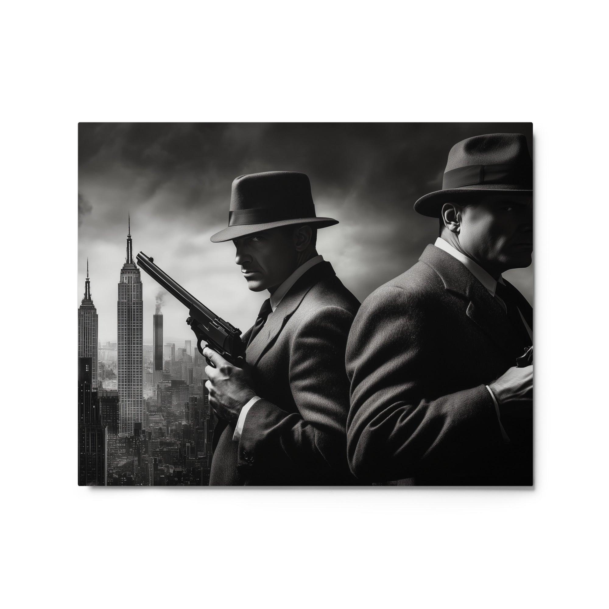 Back-to-Back Mobsters with Skyline Smoke Dramatic Noir Artwork Metal Poster - Oh Posters