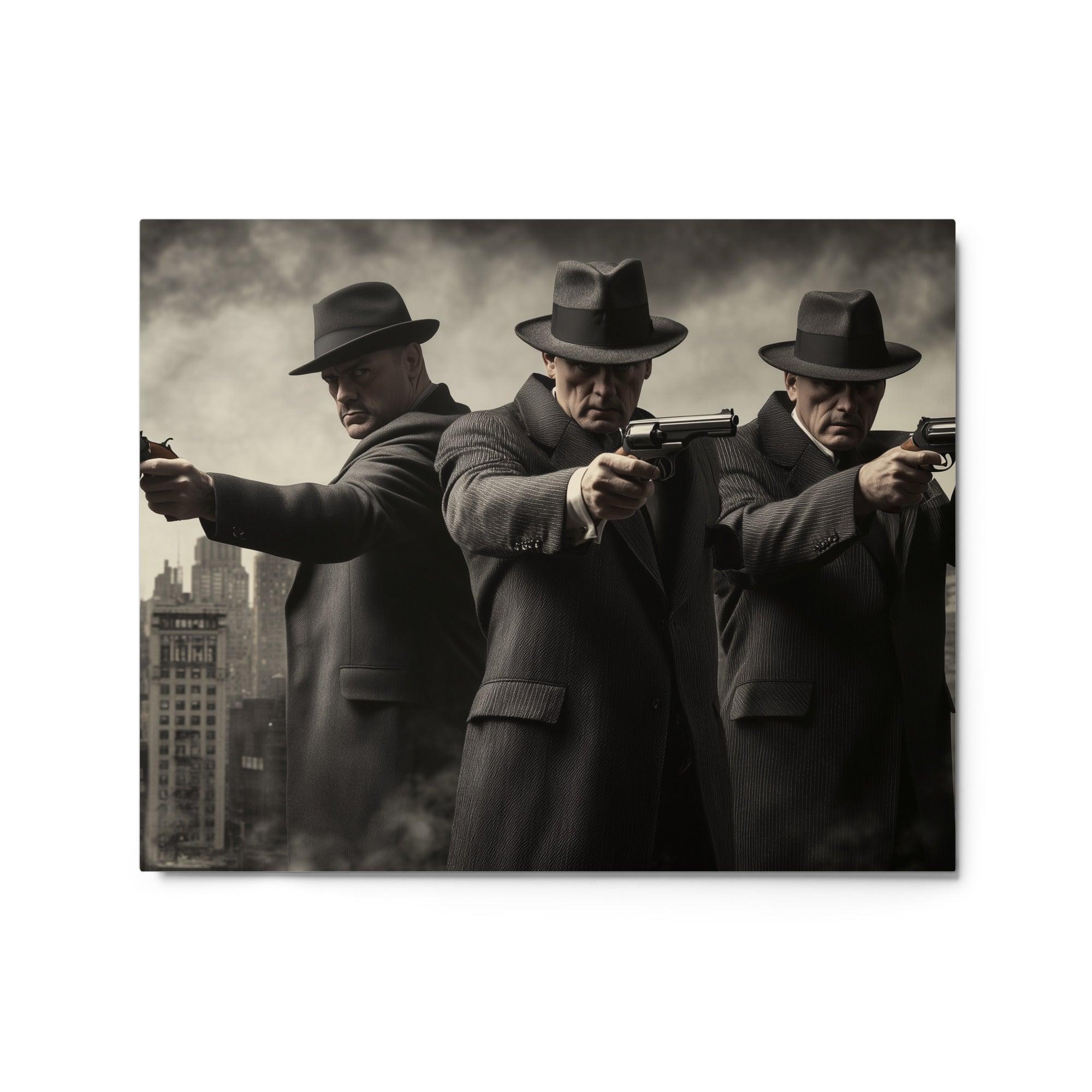 Three Mafia Figures Aiming Pistols Urban Noir Crime Scene Art Metal Poster - Oh Posters