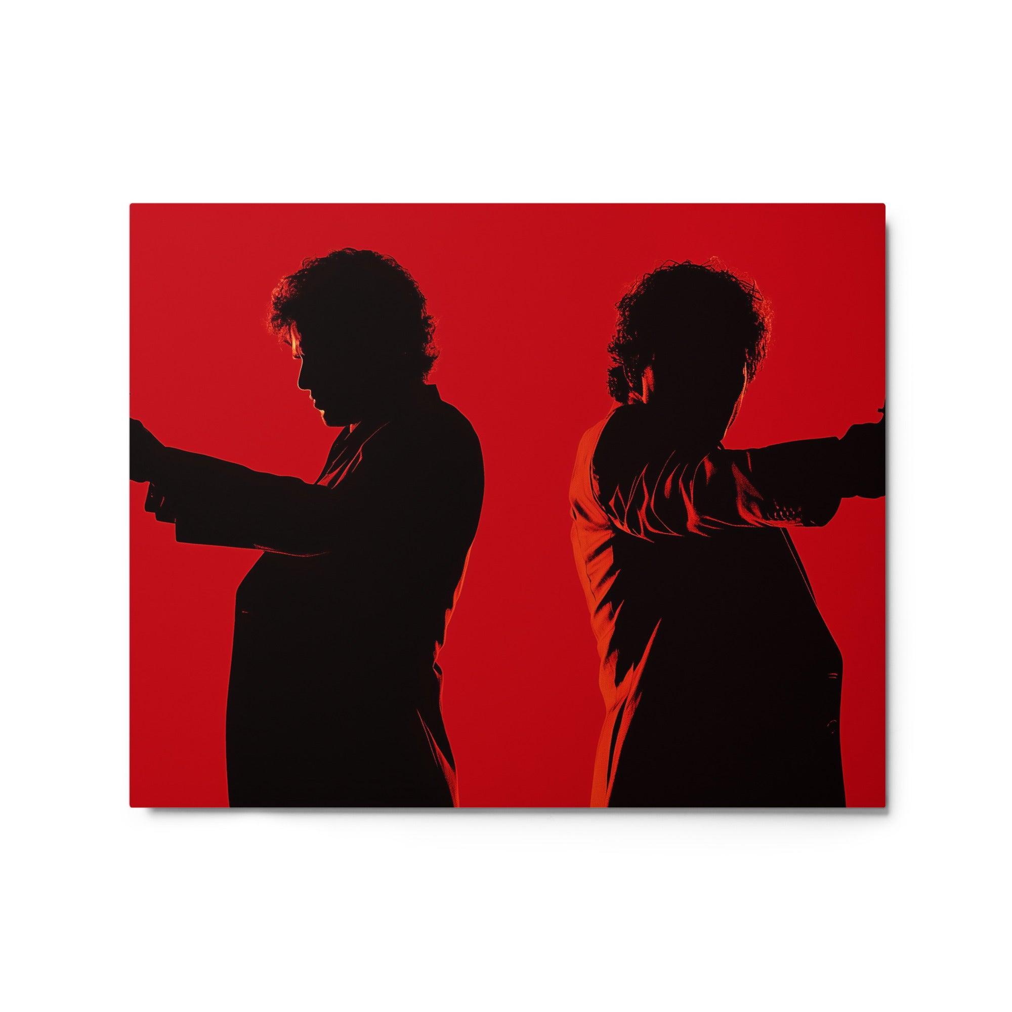 Dual Gunmen Silhouettes on Red Background Cinematic Noir Style Metal Poster - Oh Posters