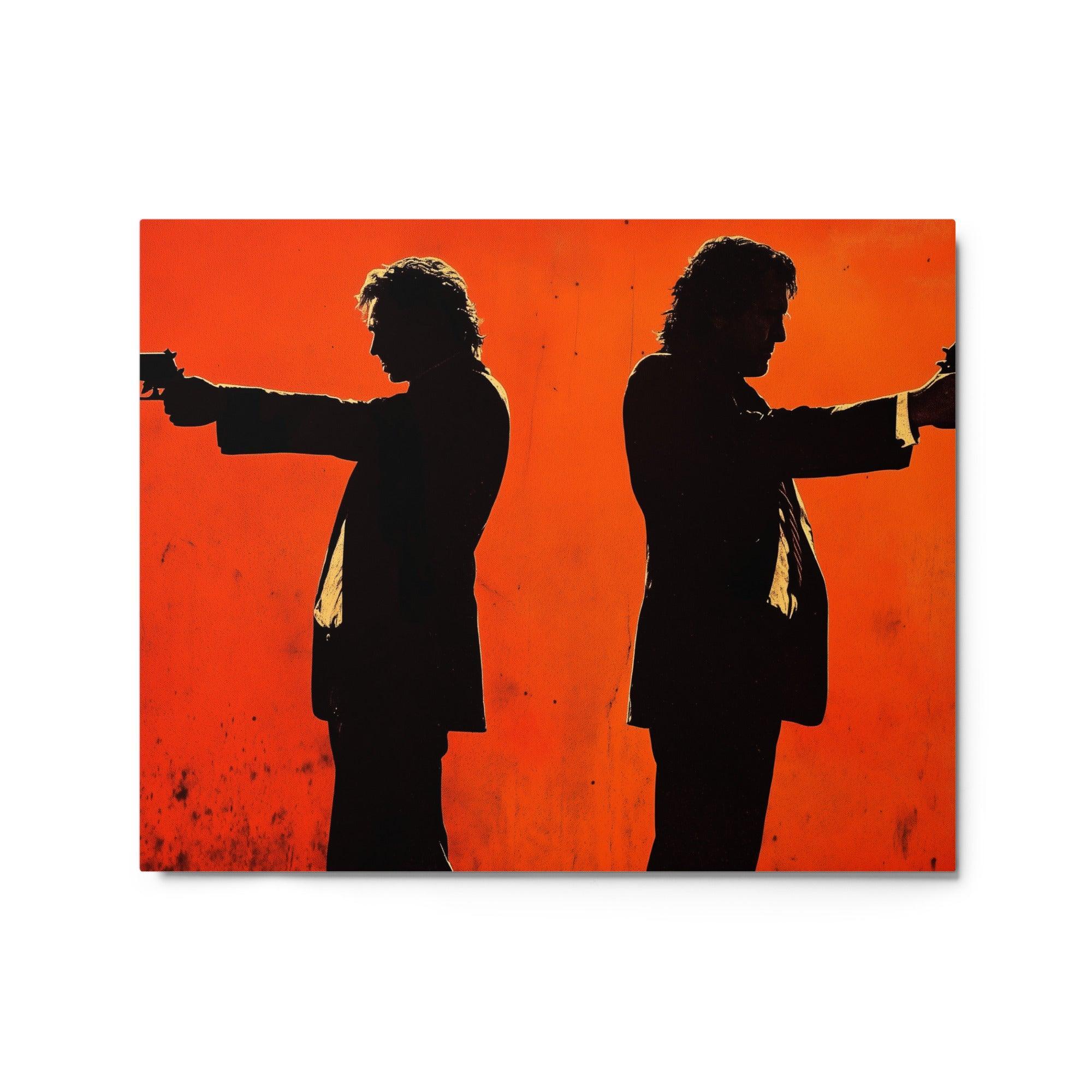 Opposing Mafia Figures Silhouetted on Bright Red Tense Showdown Art Metal Poster - Oh Posters