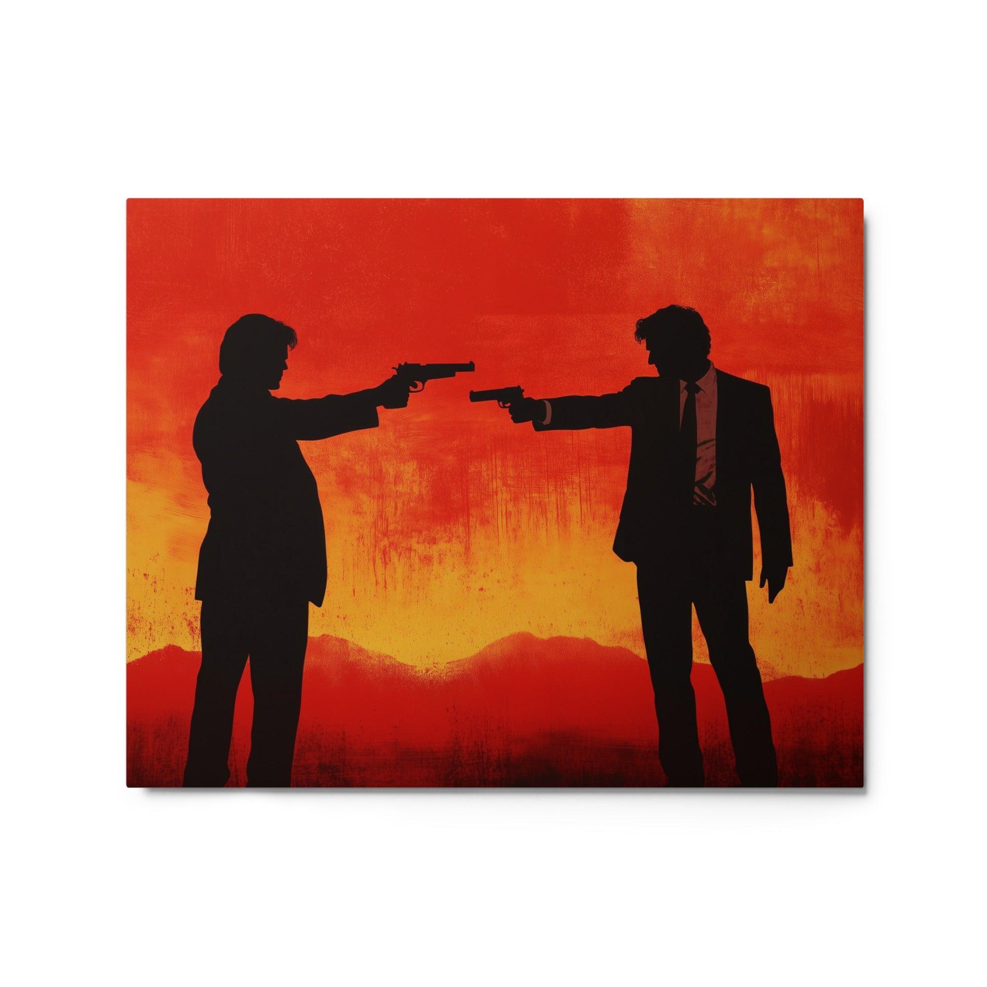 Mafia Gunfight Silhouettes Dramatic Orange-Red Scene Illustration Metal Poster - Oh Posters