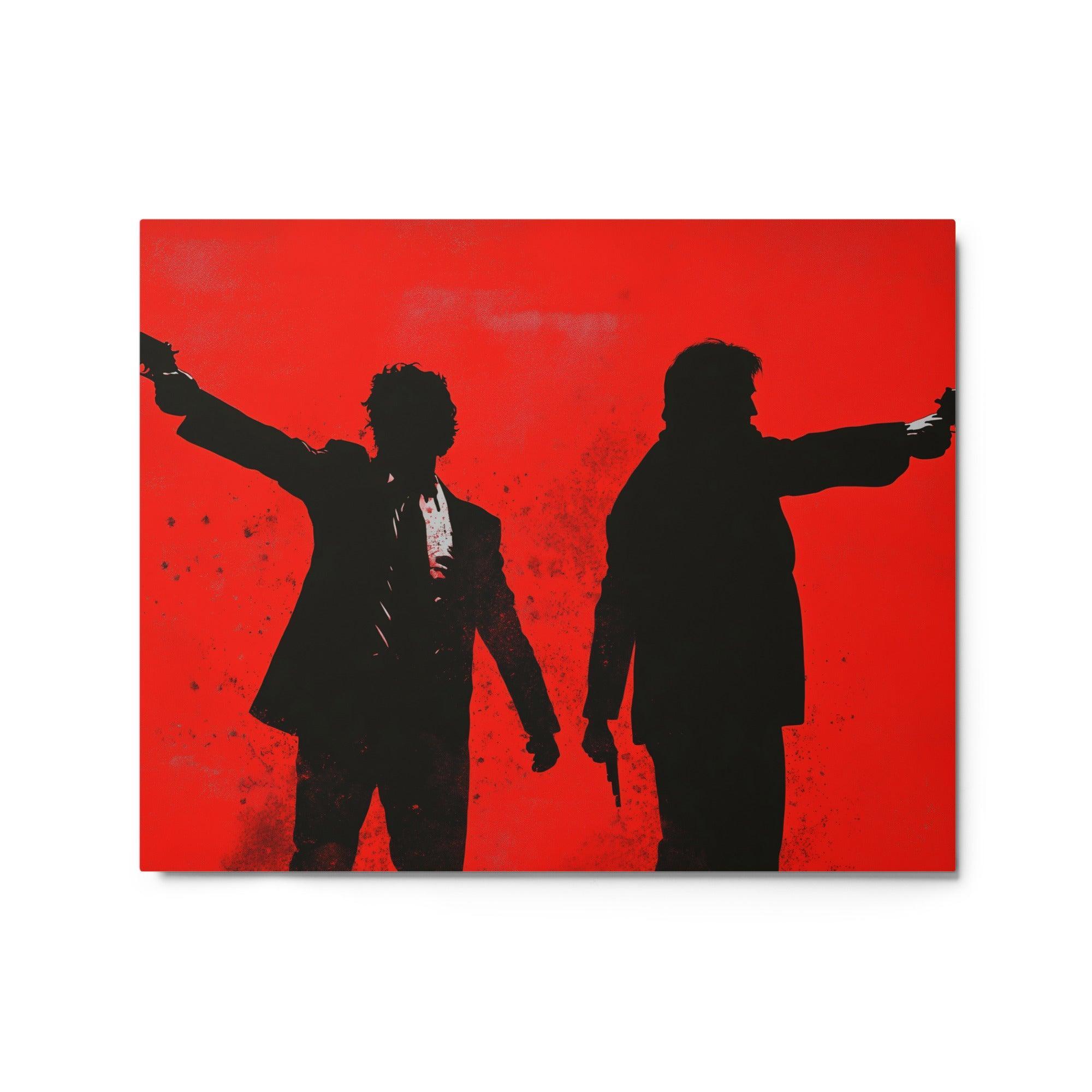 Confrontation Silhouettes in Red Vibrant Noir Crime Artwork Metal Poster - Oh Posters