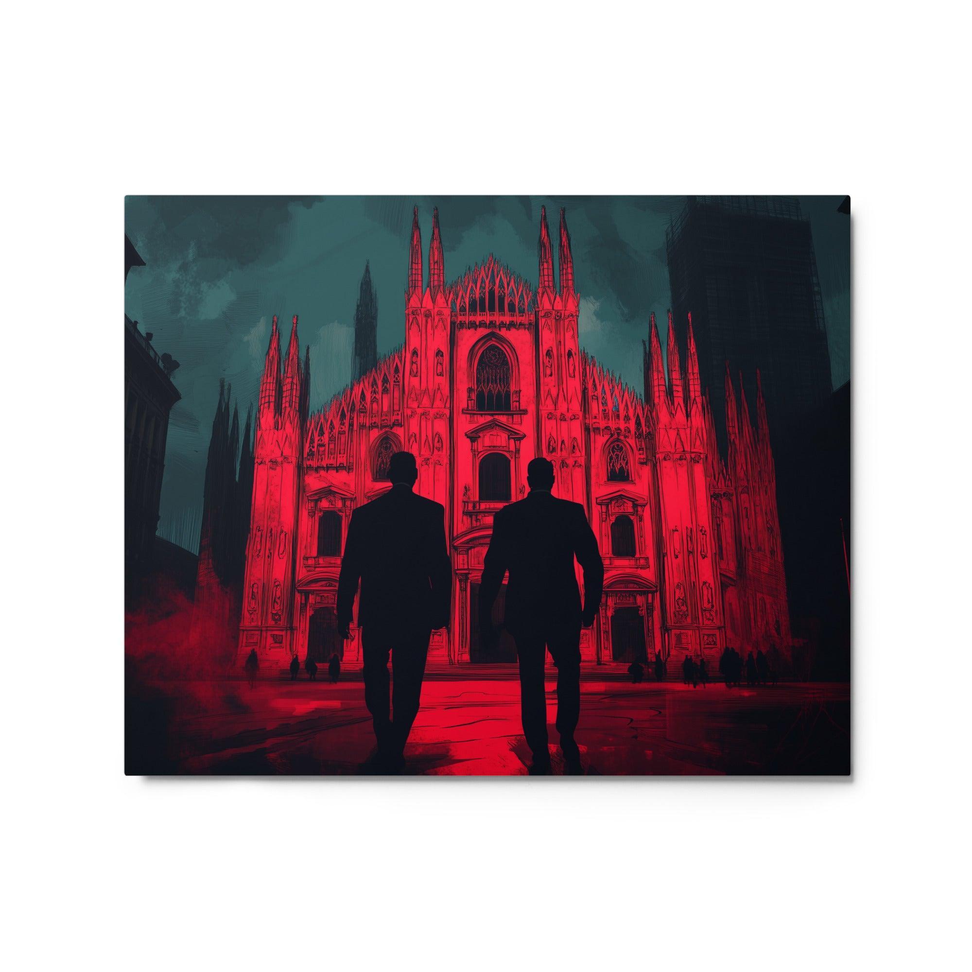 Mafia Figures Walking Towards Illuminated Cathedral Dramatic Red Art Metal Poster - Oh Posters