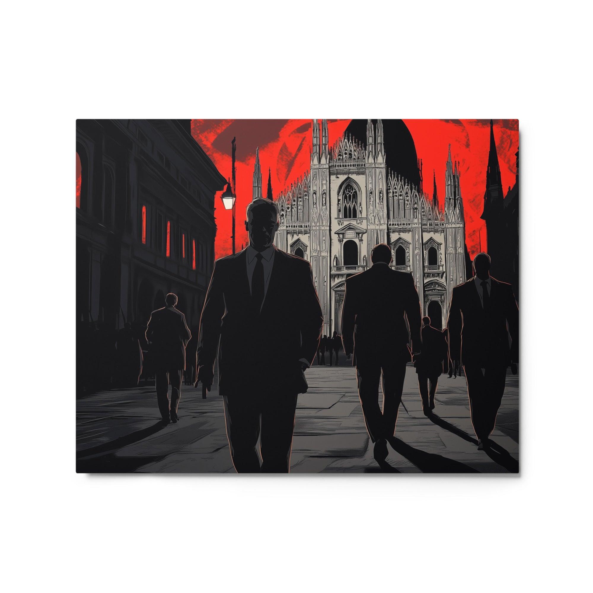 Mobsters Approaching Cathedral Against Red Sky Dark Urban Scene Metal Poster - Oh Posters