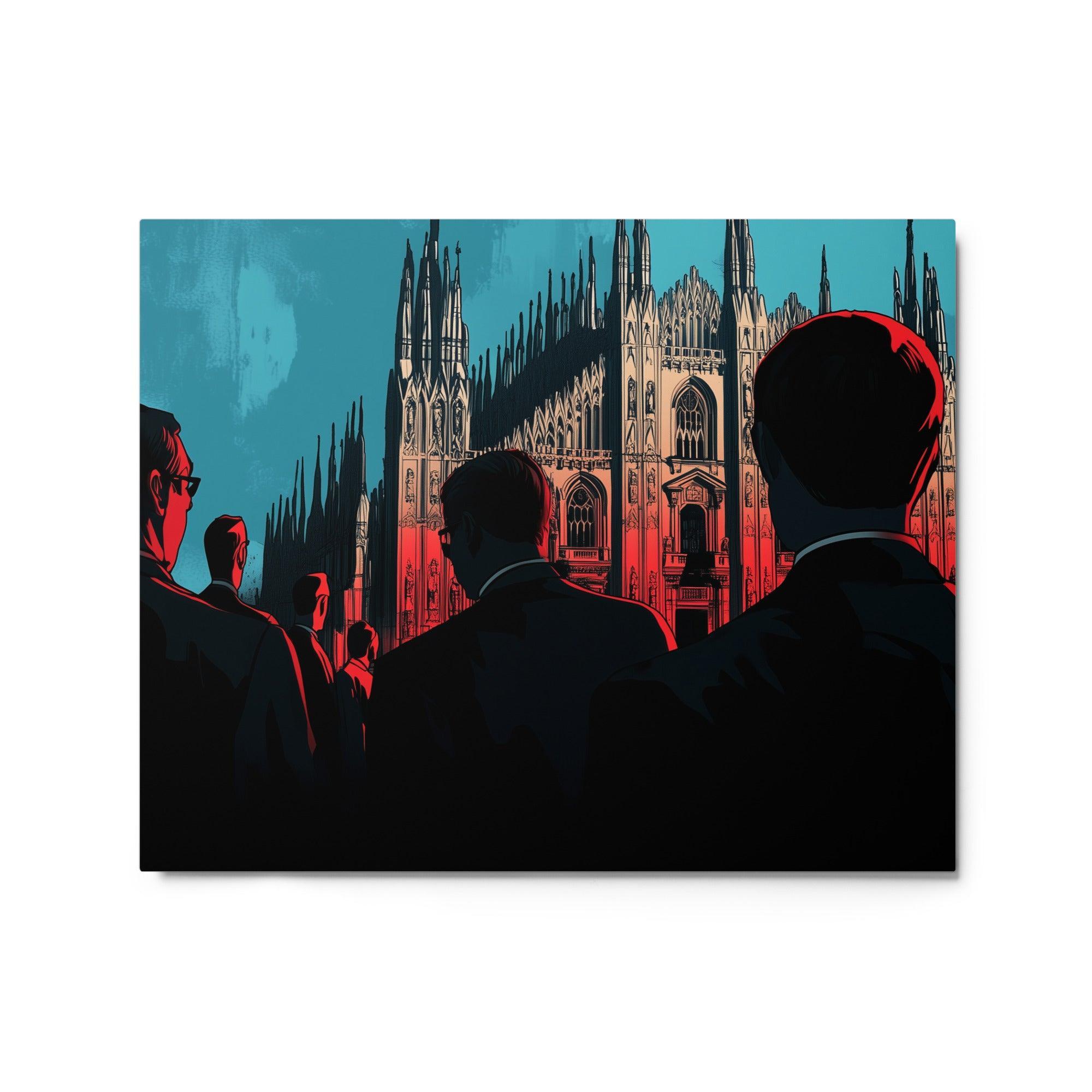 Mafia Men Observing Gothic Cathedral Noir Red and Blue Art Style Metal Poster - Oh Posters