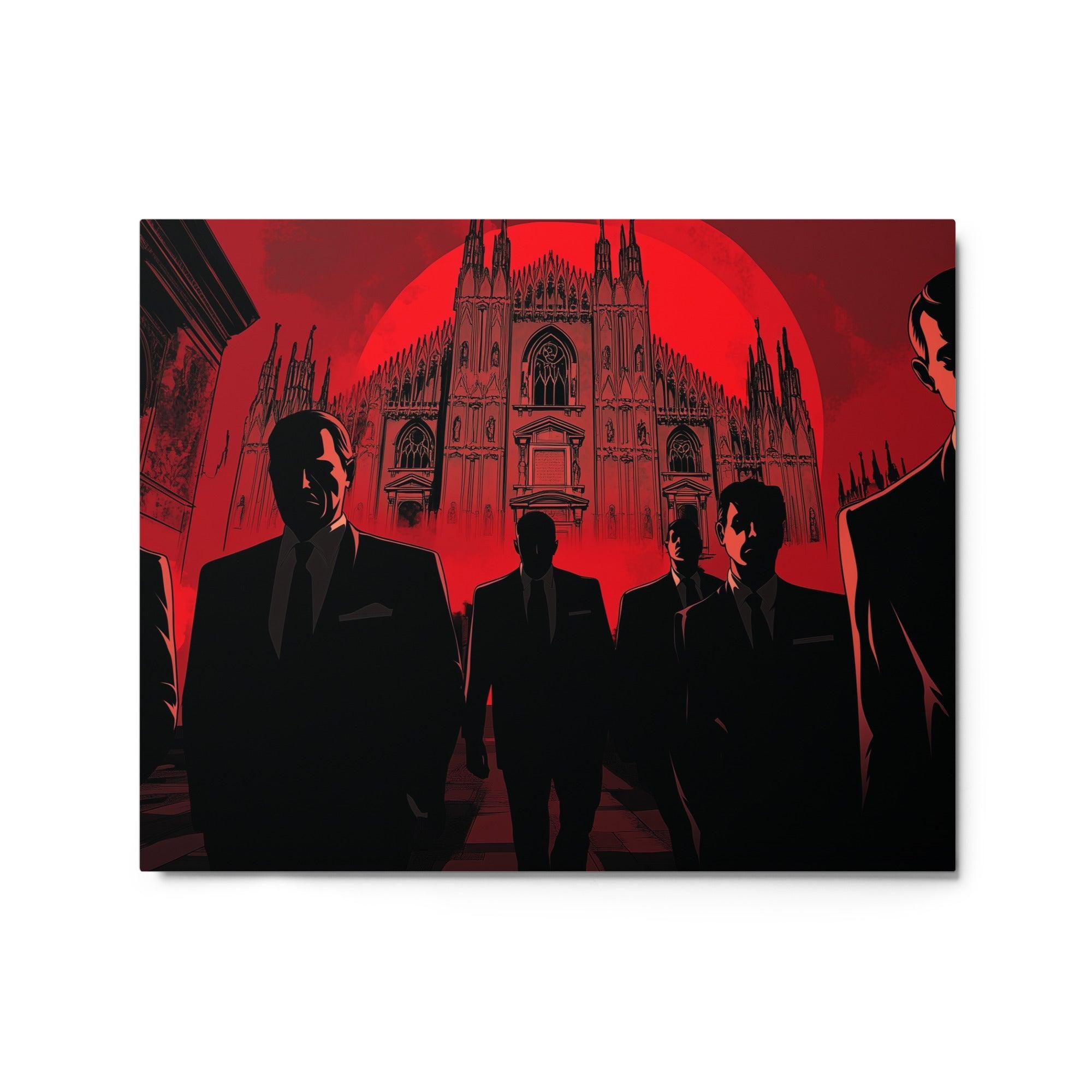 Mafia Men in Suits Walking Toward Cathedral Under Red Sky Noir Art Metal Poster - Oh Posters