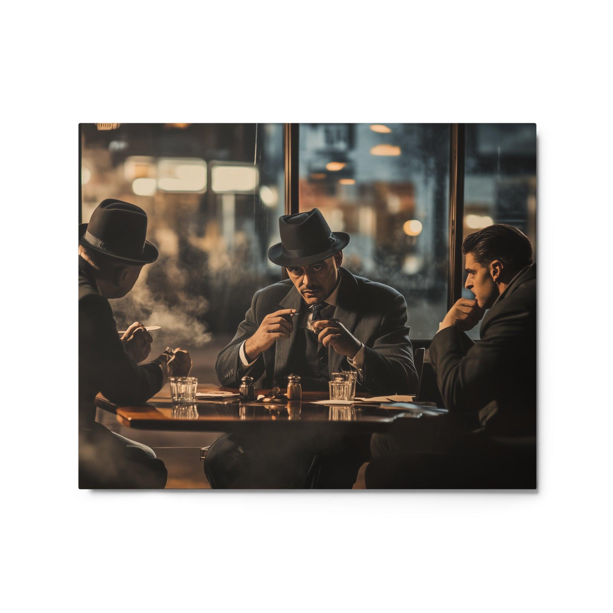 Intense Mafia Meeting in Smoky Cafe Nighttime Crime Scene Illustration Metal Poster - Oh Posters