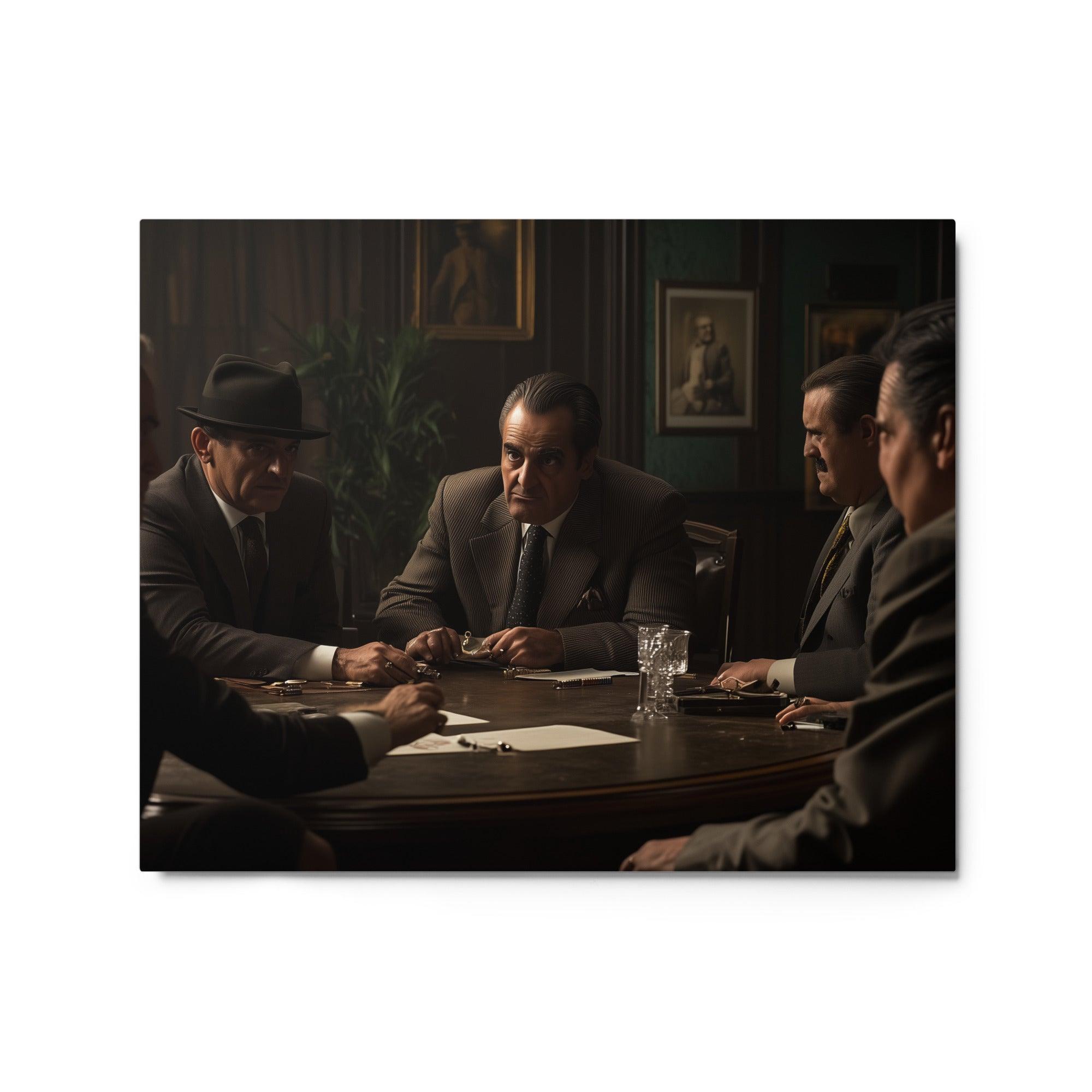 Mob Bosses in Dimly Lit Room Intense Negotiation Scene Artwork Metal Poster - Oh Posters