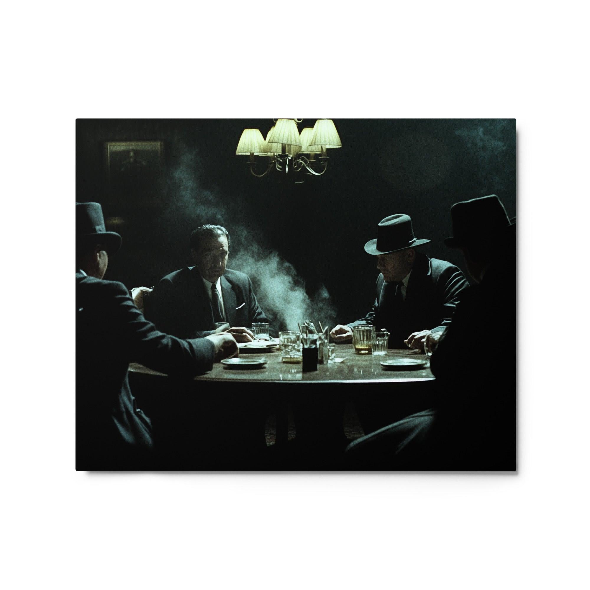 Gangsters at Table Under Lamp Dramatic Smoky Noir Mafia Setting Metal Poster - Oh Posters