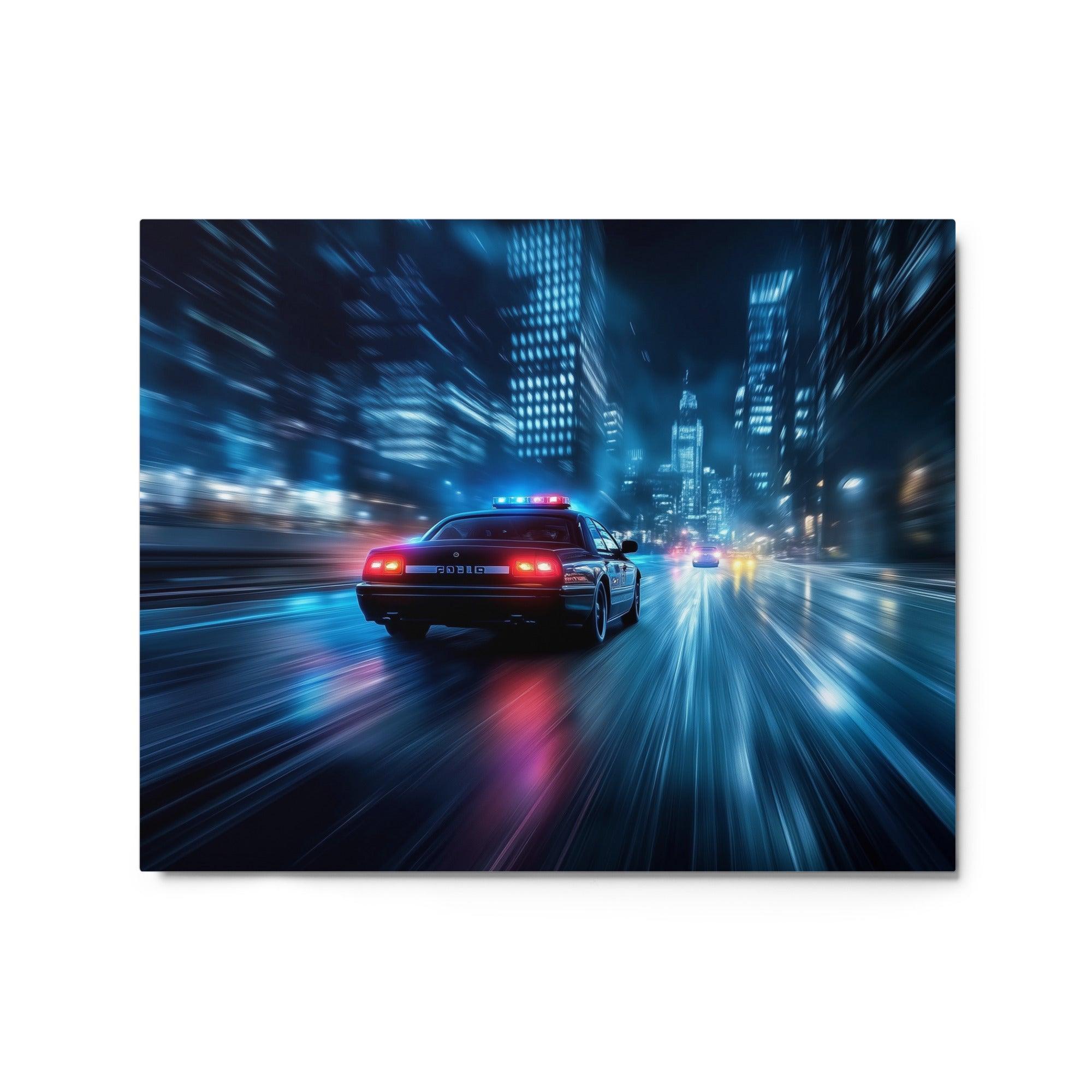 High-Speed Police Car Chase Night City Neon Lights Dynamic Art Metal Poster - Oh Posters