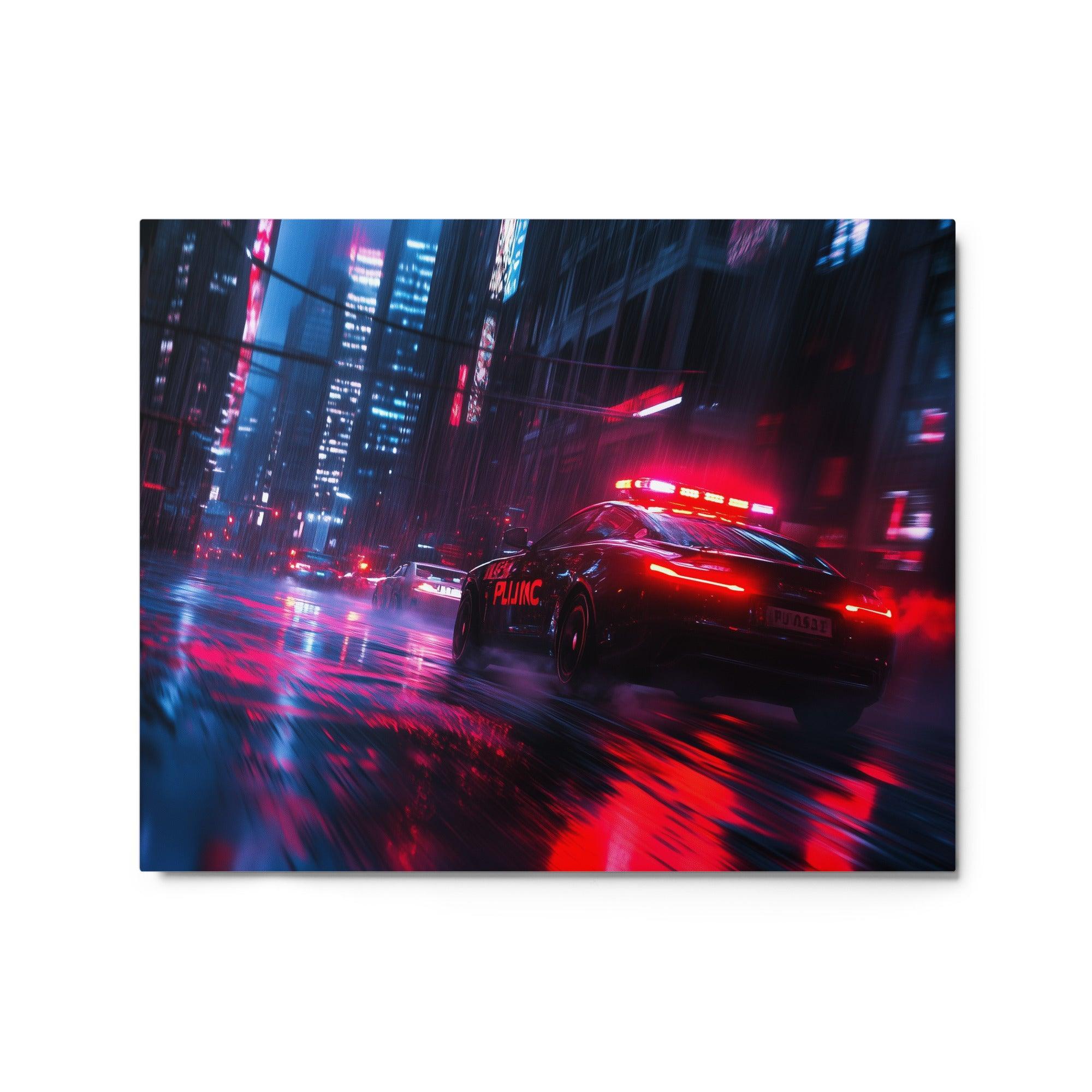 Futuristic Police Car Pursuit Rainy Cyberpunk City Red and Blue Lights Metal Poster - Oh Posters