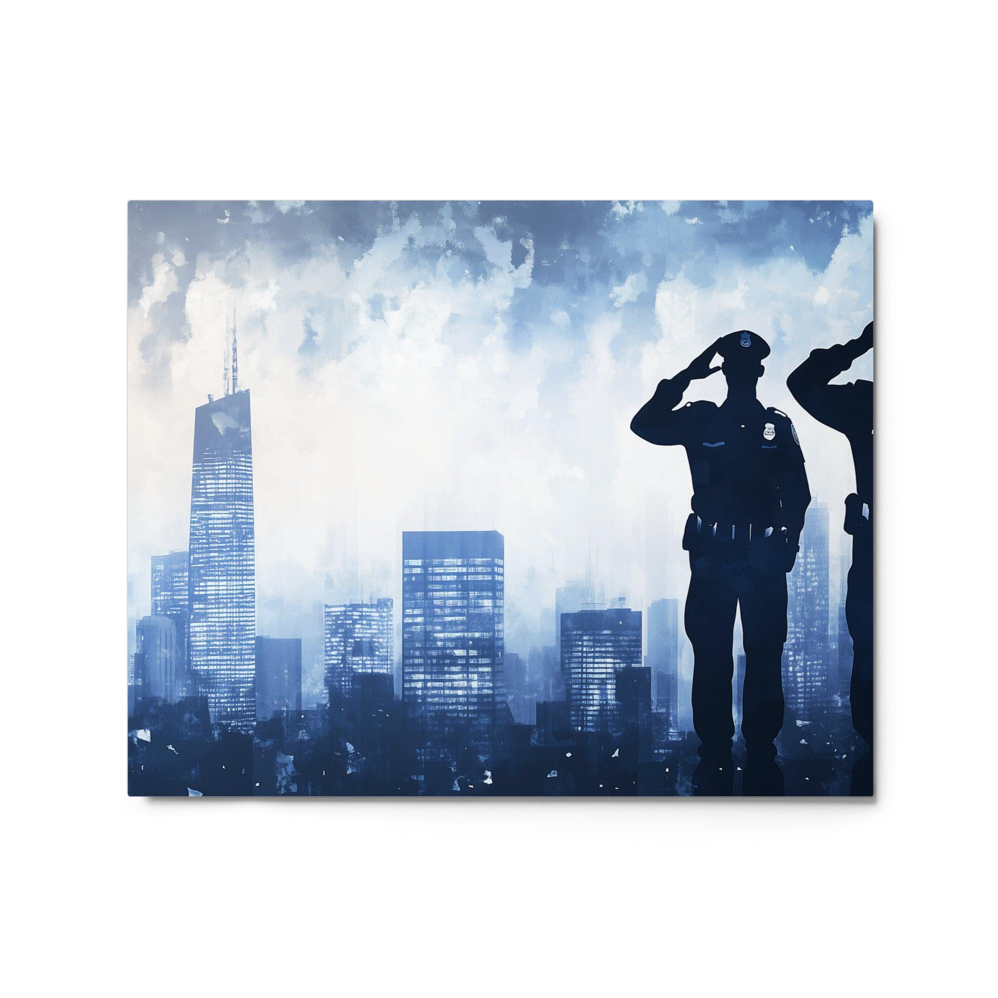 Police Officers Saluting Silhouette Against Blue City Skyline Watercolor Style Metal Poster - Oh Posters