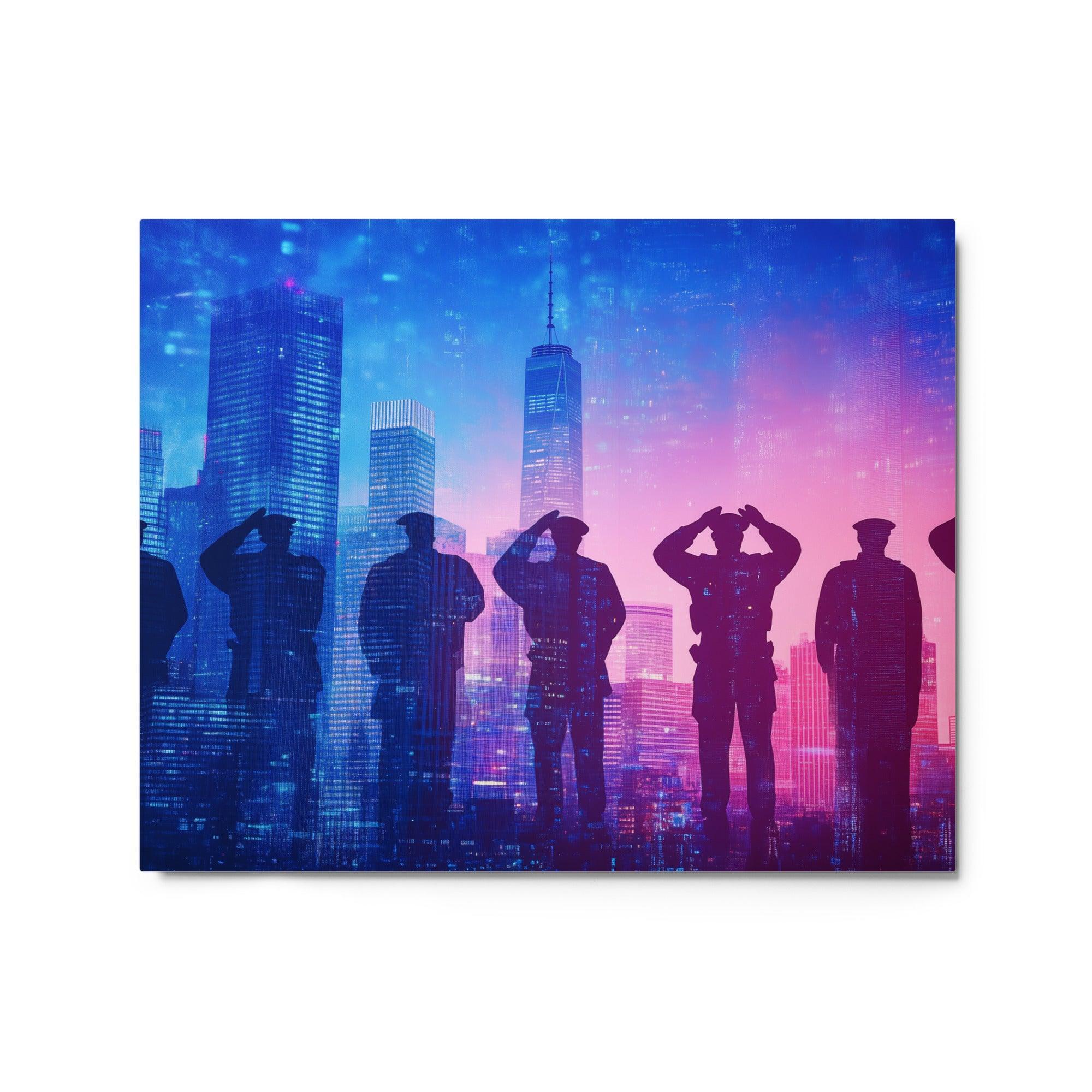 Group of Police Officers Saluting Vibrant Neon City Skyline Background Metal Poster - Oh Posters