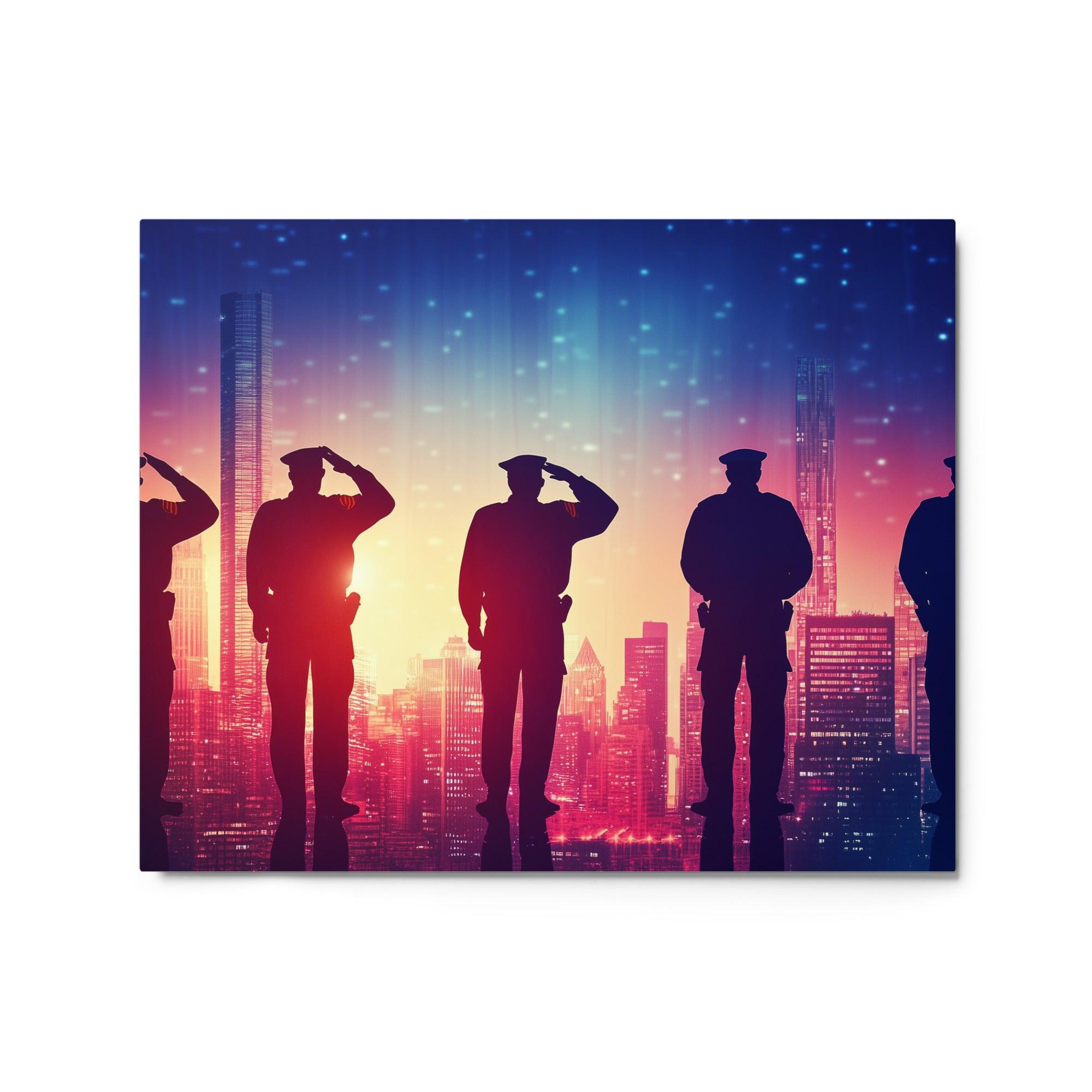 Police Officers Saluting City Sunset Gradient Skyline Silhouette Artwork Metal Poster - Oh Posters