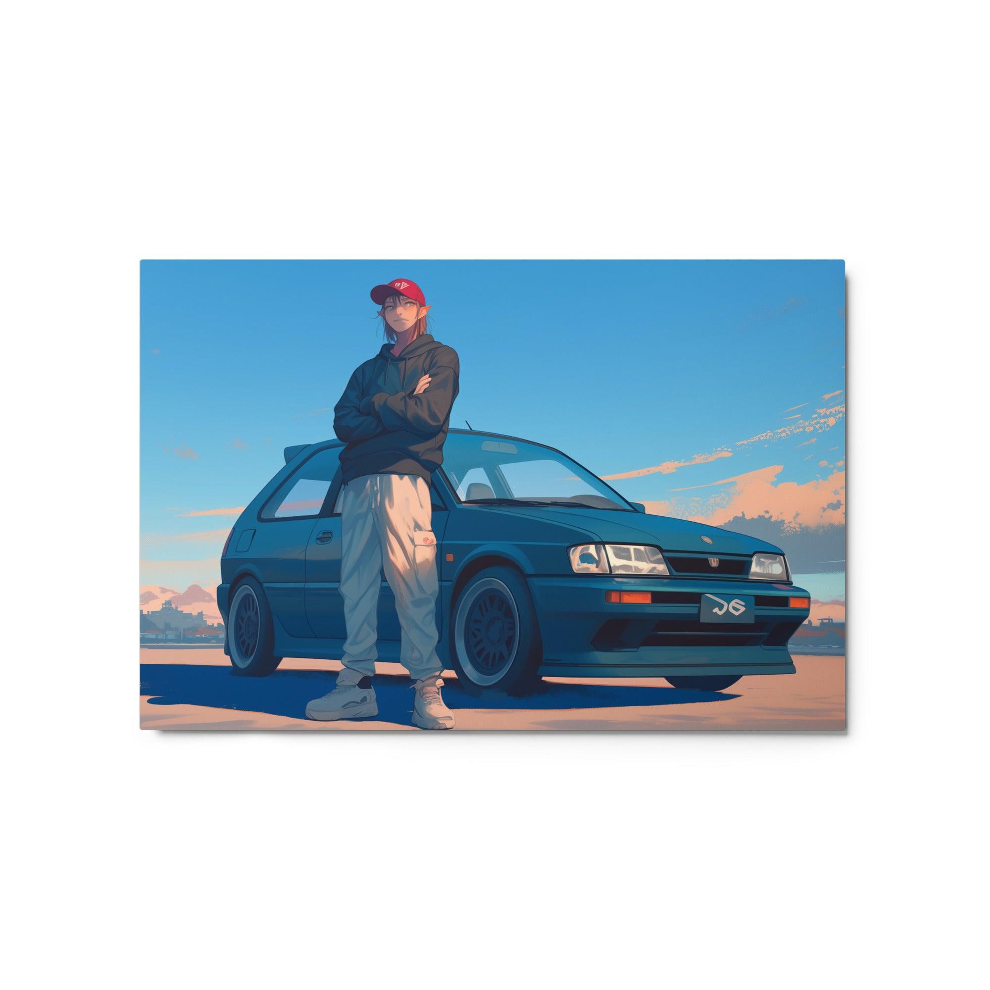 JDM Hatchback with Driver at Sunset Digital Illustration Metal Poster - Oh Posters